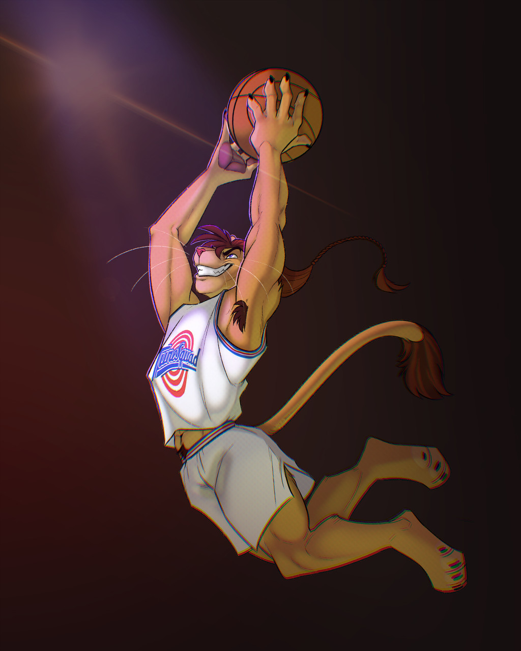 4:5 5_fingers anthro armpit_hair athletic athletic_anthro athletic_male ball basketball_(ball) biped black_claws black_eyebrows body_hair bottomwear brown_hair brown_tail brown_tail_tuft claws clothing eyebrows felid fingers fur grin hair hi_res holding_basketball lion male mammal navel ninetht pantherine pawpads pink_pawpads purple_eyes red_nose smile solo tail_tuft tan_body tan_fur tan_tail topwear tuft whiskers white_bottomwear white_clothing white_topwear