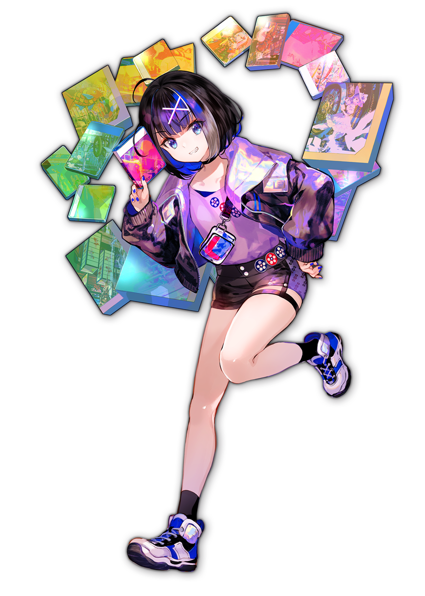 1girl artist_request bangs black_hair blue_eyes blue_hair blue_nails eyebrows_visible_through_hair grin himekawa_hibiki mahjong_soul multicolored_hair official_art rainbow_order raised_eyebrows shoes short_shorts shorts simple_background smile sneakers socks solo teeth transparent_background video_game yostar