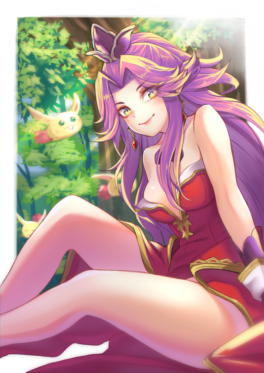 1girl angela_(seiken_densetsu_3) armor bare_legs breasts closed_mouth earrings faulds green_eyes hair_intakes highres jewelry leotard long_hair looking_at_viewer medium_breasts purple_hair rabite re_(re_09) red_leotard seiken_densetsu seiken_densetsu_3 shiny shiny_hair sitting smile solo strapless strapless_leotard very_long_hair