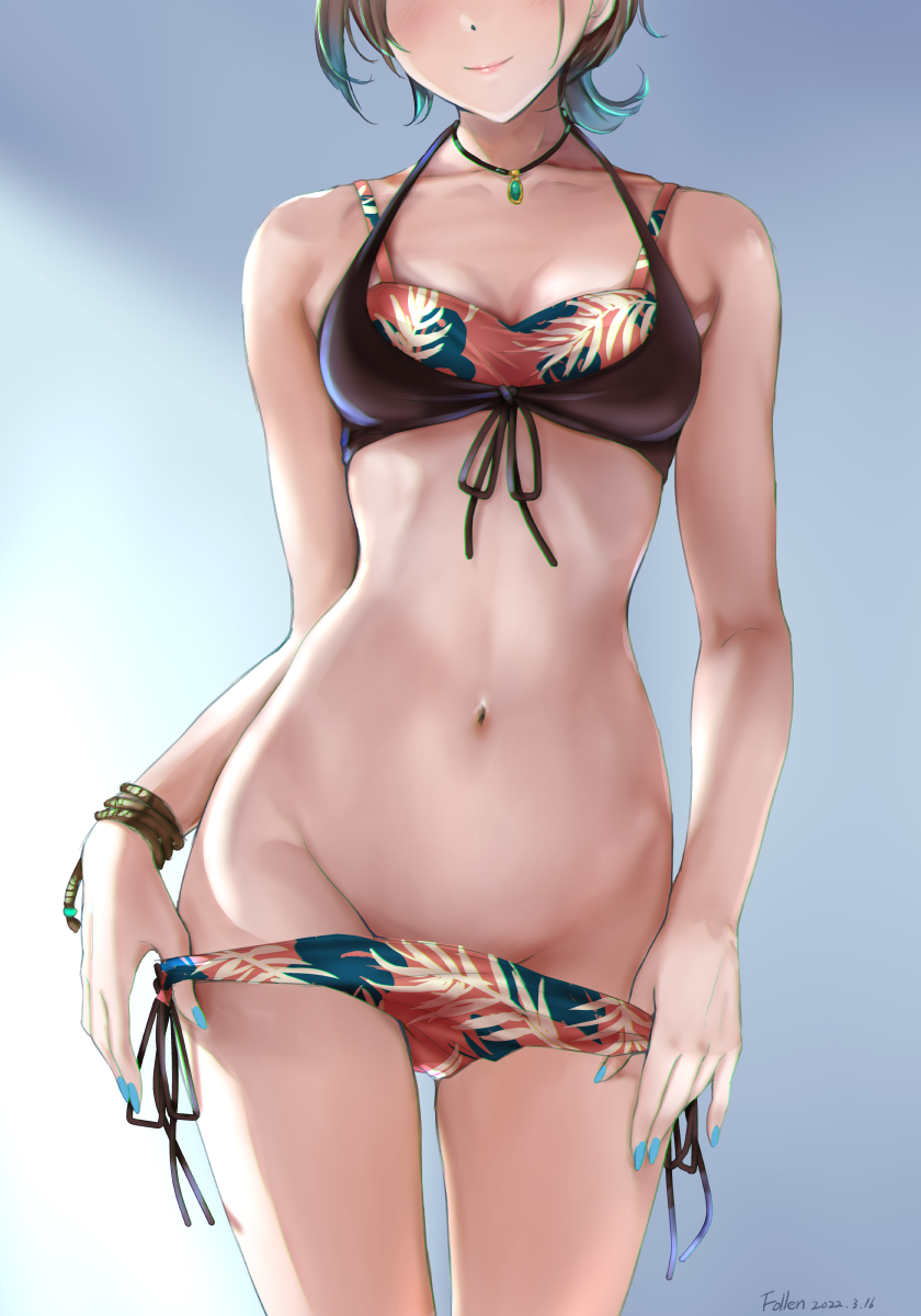 1girl asakura_tooru bare_shoulders bikini bikini_pull black_hair blue_hair blue_nails blush bracelet breasts cleavage closed_mouth clothes_pull collarbone follen_(639594) front-tie_top gradient_hair head_out_of_frame highres idolmaster idolmaster_shiny_colors jewelry layered_bikini multicolored_hair nail_polish navel necklace print_bikini pulled_by_self short_hair side-tie_bikini smile solo standing stomach swimsuit undressing