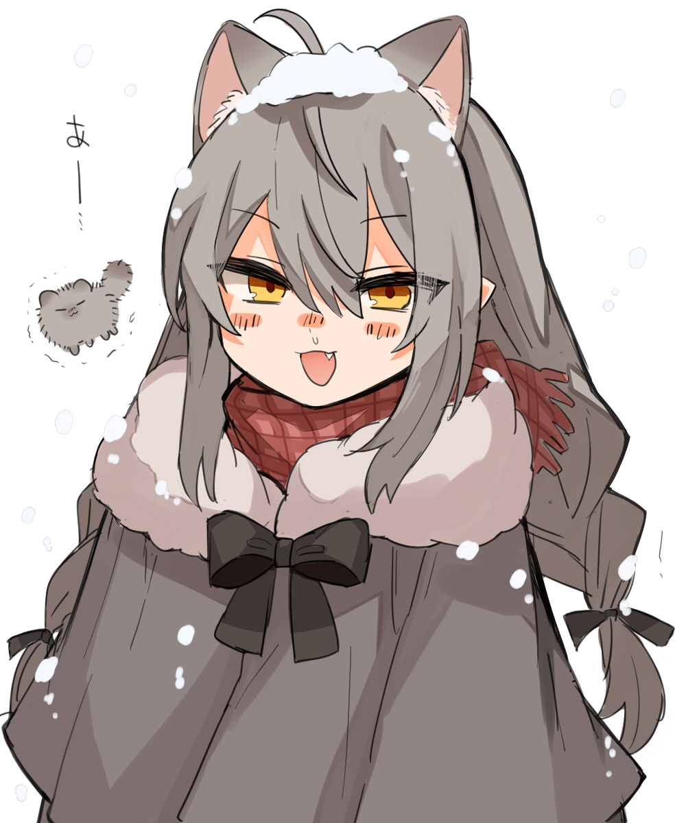 1girl :d ahoge animal_ear_fluff animal_ears bangs blush_stickers braid brown_eyes brown_scarf capelet eyebrows_visible_through_hair fang fringe_trim grey_capelet grey_hair hair_between_eyes highres long_hair looking_at_viewer low_twintails original plaid plaid_scarf scarf simple_background smile snow_on_head snowing solo tori_(10ri) twin_braids twintails very_long_hair white_background