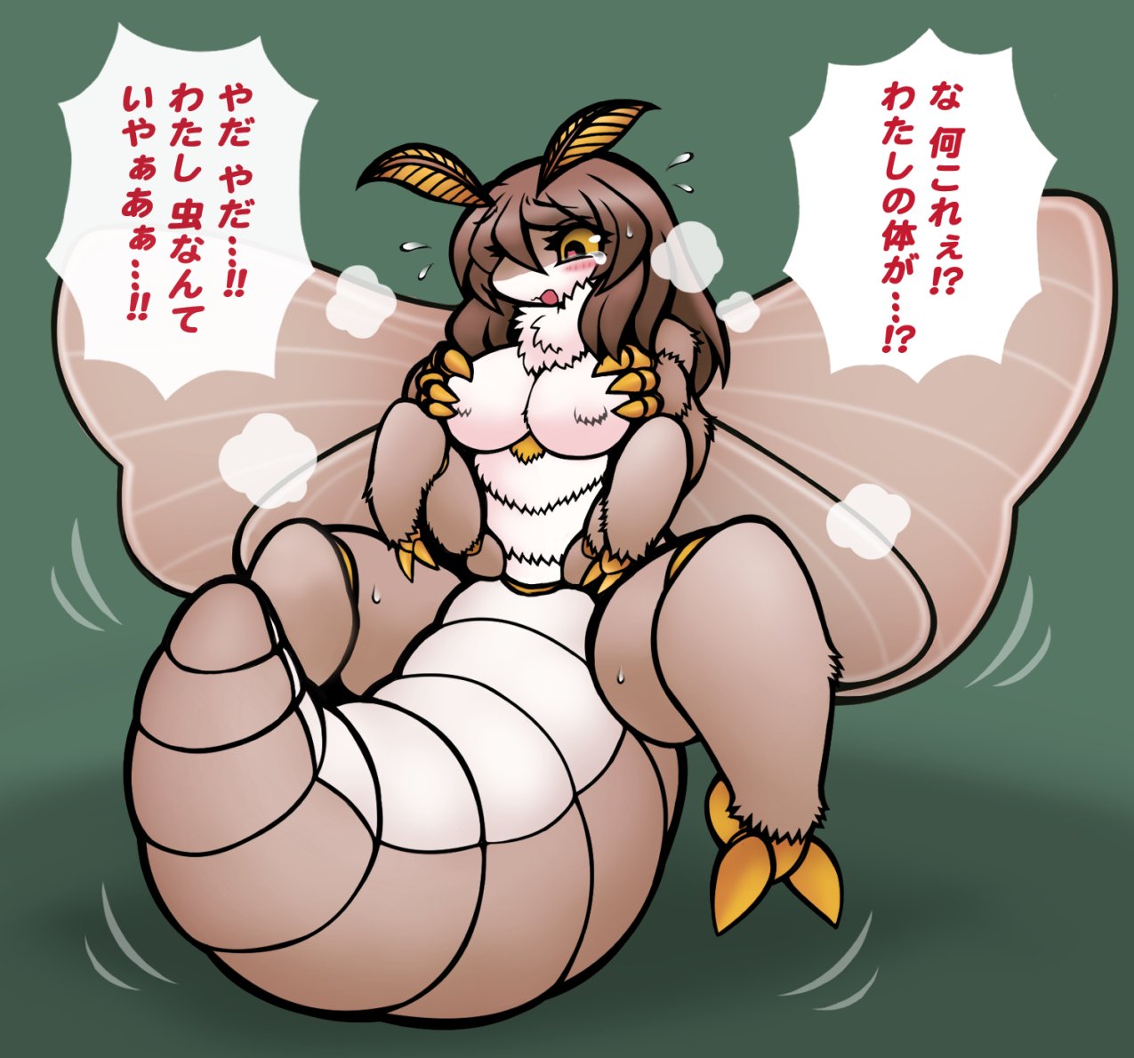 ?! after_transformation anthro arthropod blush bodily_fluids brown_hair colored comic dialogue embarrassed female fur hair hikagenootimsya insect insect_wings japanese_text lepidopteran moth solo speech_bubble sweat text translation_request white_body white_fur wings