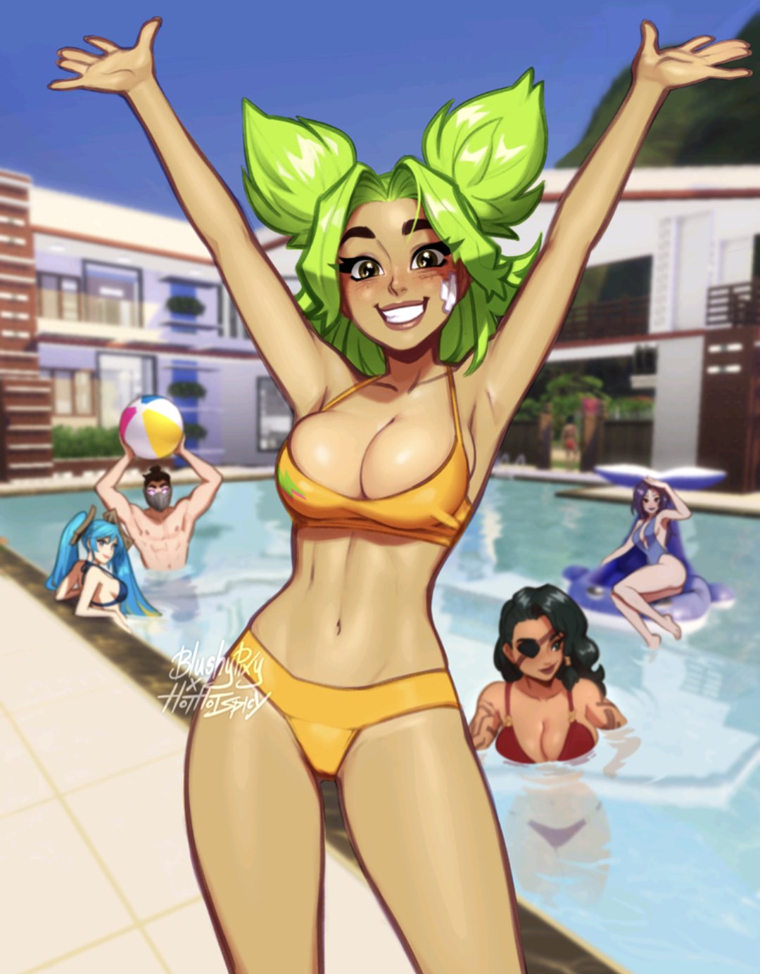1boy 4girls arms_up ball bandaid bandaid_on_face bangs bare_shoulders beachball bikini black_eyepatch blush blushy-pixy breasts closed_eyes collarbone eyepatch grin highres kai'sa large_breasts league_of_legends long_hair multiple_girls navel one-piece_swimsuit pool samira shen_(league_of_legends) shiny shiny_hair shiny_skin short_hair signature skindentation smile sona_(league_of_legends) speech_bubble stomach swimsuit tan teeth twintails water zeri_(league_of_legends)