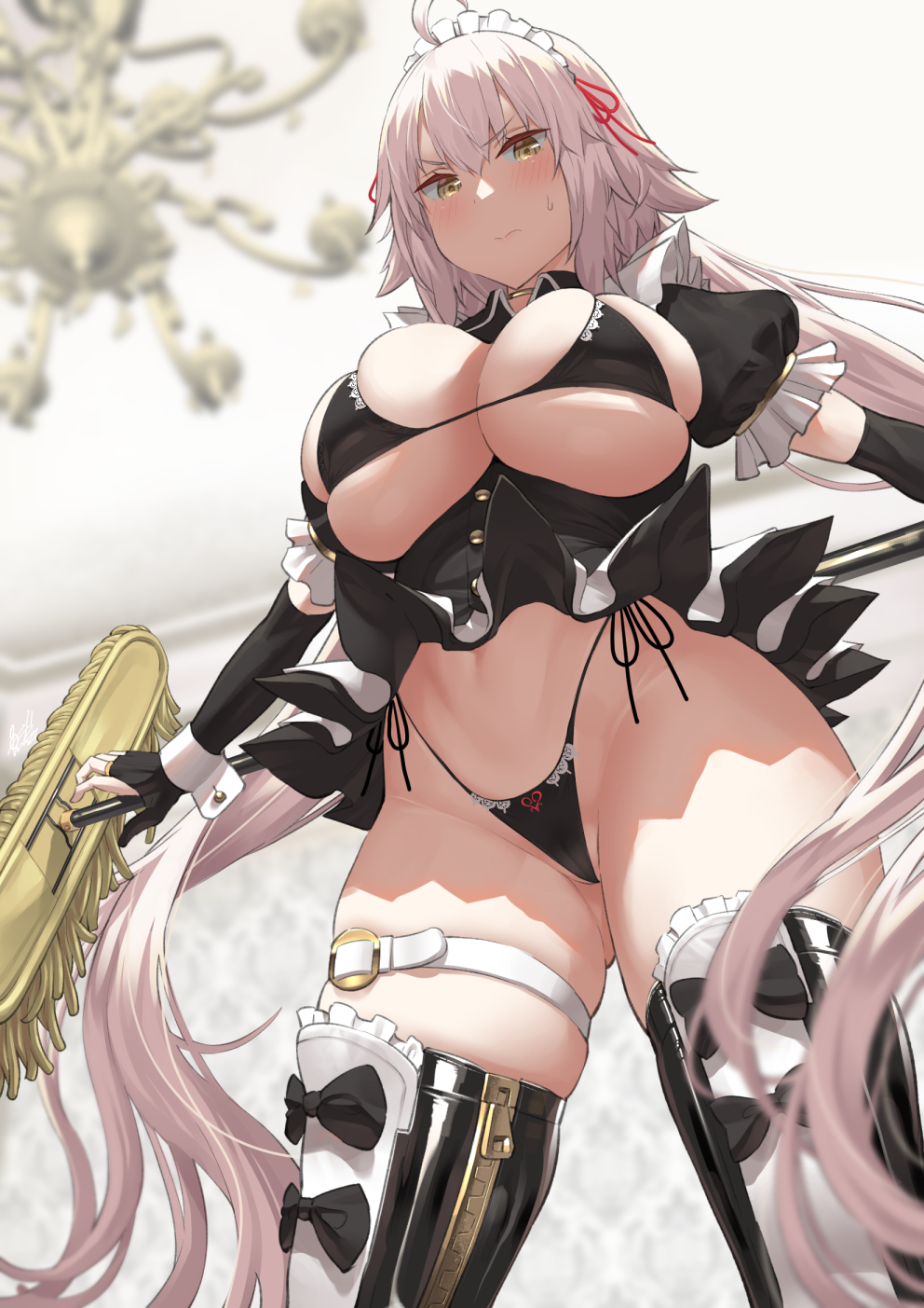 1girl ahoge alternate_costume alternate_hairstyle bangs bikini black_bikini black_bow black_skirt blonde_hair blush bow breasts bridal_gauntlets cameltoe ceiling chandelier closed_mouth elbow_gloves fate/grand_order fate_(series) frills from_below gloves gold_choker groin highres holding holding_mop jeanne_d'arc_alter_(avenger)_(fate) jeanne_d'arc_alter_(fate) large_breasts long_hair looking_at_viewer looking_down maid_bikini maid_headdress mop navel revealing_clothes side-tie_bikini skindentation skirt solo sweatdrop swimsuit thigh_strap thighhighs twintails uo_denim v-shaped_eyebrows very_long_hair white_hair wrist_cuffs zipper