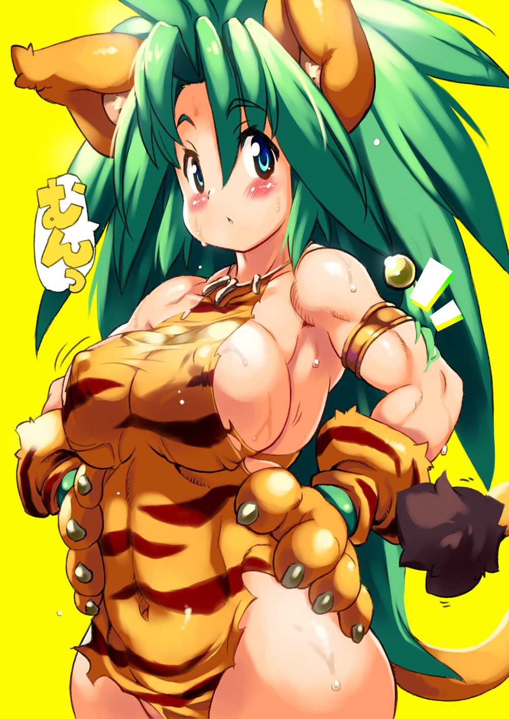 1girl alternate_breast_size animal_ears animal_hands animal_print armlet bare_shoulders big_hair blue_eyes blush bone breasts cham_cham claws commentary_request covered_navel covered_nipples eyebrows_visible_through_hair gloves green_hair hair_between_eyes hair_bobbles hair_ornament hands_on_hips highres jewelry large_breasts long_hair looking_at_viewer muscular muscular_female necklace parted_lips paw_gloves print_gloves samurai_spirits shiny shiny_hair shiny_skin sideboob simple_background sleeveless solo speech_bubble standing sweat tail taut_clothes tiger_ears tiger_girl tiger_print tiger_tail torn_clothes yellow_background yellow_gloves yu_3