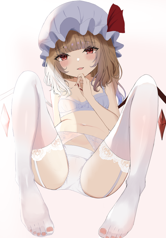 1girl bangs bare_shoulders blush bow bow_bra bra breasts brown_hair brown_nails commentary_request eyebrows_visible_through_hair eyelashes eyes_visible_through_hair fang fingernails flandre_scarlet grey_bow grey_bra grey_headwear hair_ribbon hand_up hat long_fingernails looking_at_viewer mob_cap nail_polish navel no_shoes open_mouth panties pink_background pink_nails red_eyes red_ribbon remisaku25 ribbon short_hair simple_background sitting small_breasts smile soles solo stomach thighhighs toenail_polish toenails toes tongue touhou underwear white_bra white_legwear white_panties