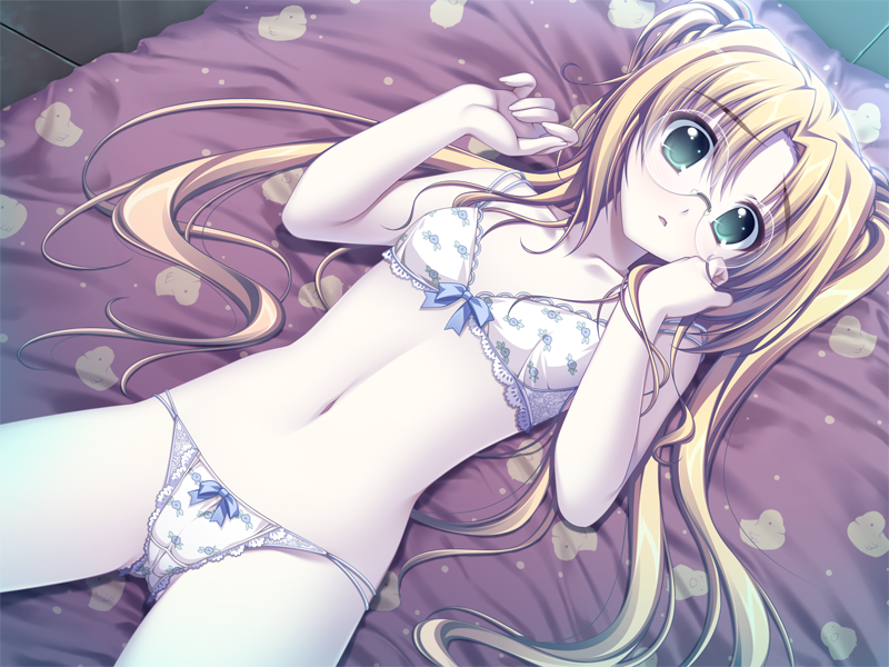 1girl alpha_(yukai_na_nakamatachi) bangs bed_sheet blonde_hair bra braid breasts collarbone cowboy_shot eyebrows_visible_through_hair game_cg glasses grey_eyes hair_between_eyes hair_intakes indoors kuribayashi_hatoko long_hair looking_at_viewer lying navel okiba_ga_nai! on_back open_mouth panties print_bra print_panties rimless_eyewear round_eyewear small_breasts solo twintails underwear underwear_only very_long_hair white_bra white_panties