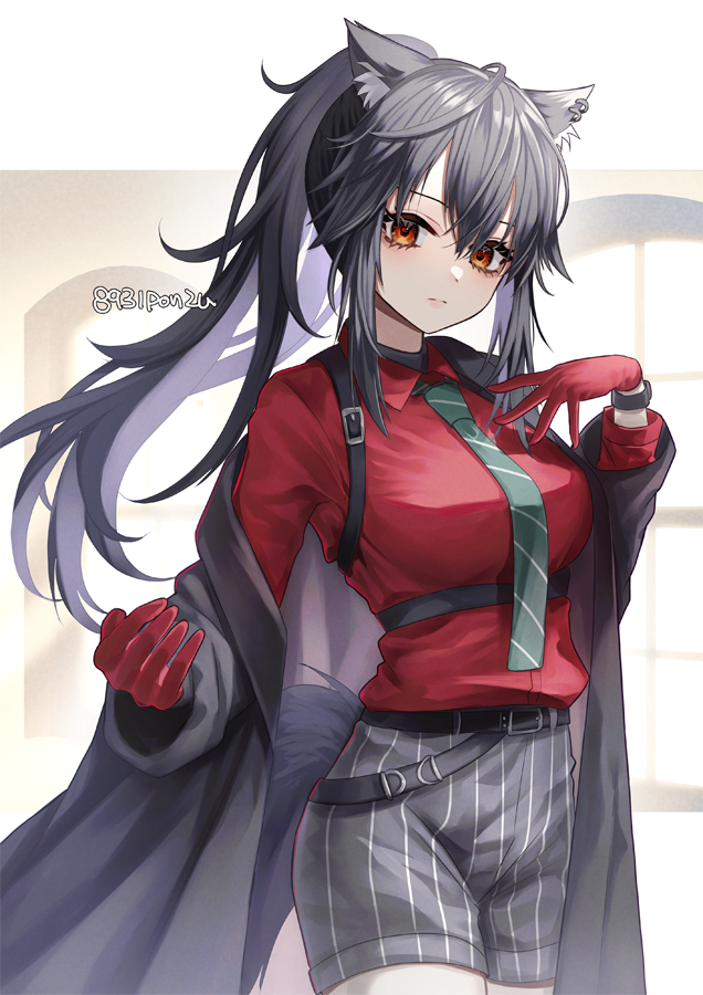 1girl animal_ear_fluff animal_ears arknights artist_name belt_buckle black_coat black_hair black_shorts breasts buckle closed_mouth coat collared_shirt cowboy_shot gloves green_necktie hakusai_ponzu hand_on_own_chest indoors large_breasts long_hair long_sleeves looking_at_viewer necktie off_shoulder official_alternate_costume open_clothes open_coat outside_border ponytail red_eyes red_gloves red_shirt shirt shorts sidelocks solo striped striped_shorts tail texas_(arknights) texas_(willpower)_(arknights) vertical-striped_shorts vertical_stripes window wolf_ears wolf_girl wolf_tail wristband