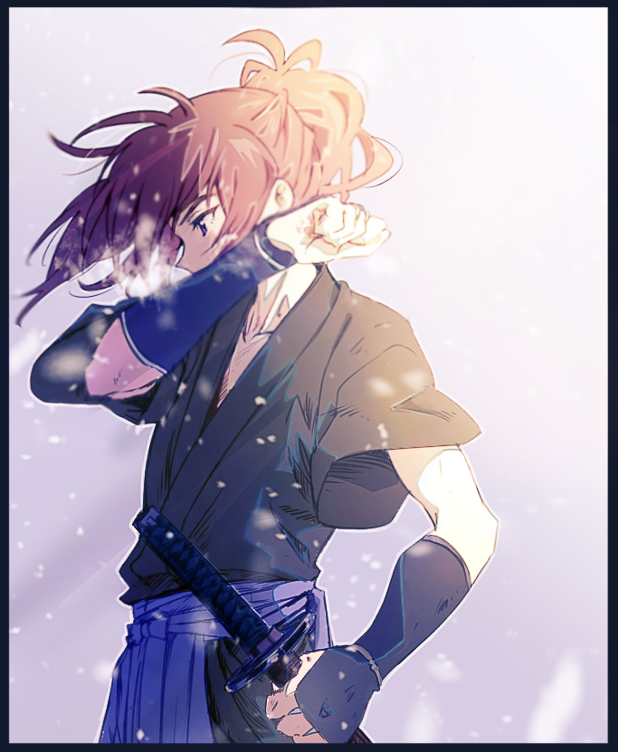 1boy arm_guards bangs black_border border breath bruise cold covered_mouth cowboy_shot floating_hair from_side grey_background hakama hand_up himura_kenshin holding holding_sword holding_weapon injury japanese_clothes katana kuo_tasuku long_hair male_focus motion_blur ponytail profile purple_eyes red_hair rurouni_kenshin short_sleeves snowing solo sword weapon wind wiping_face younger