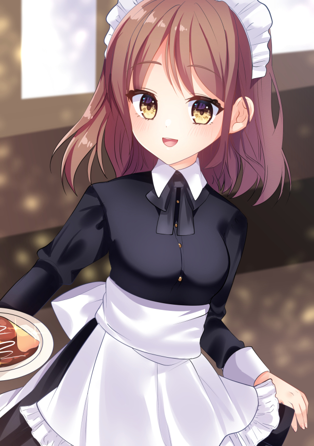 1girl :d apron bangs black_bow black_dress bow breasts brown_eyes brown_hair clip_studio_paint_(medium) collared_dress commentary_request dress eyebrows_visible_through_hair frilled_apron frills holding holding_plate indoors long_sleeves looking_at_viewer maid maid_headdress medium_breasts misaki_(misaki86) original plate smile solo waist_apron white_apron