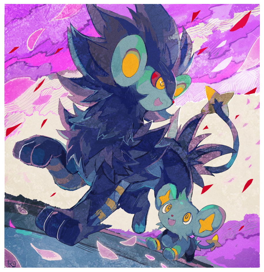 :d border colored_sclera commentary_request kantarou_(8kan) luxray no_humans open_mouth outdoors petals pokemon pokemon_(creature) red_sclera shinx smile standing walking white_border yellow_eyes yellow_pupils