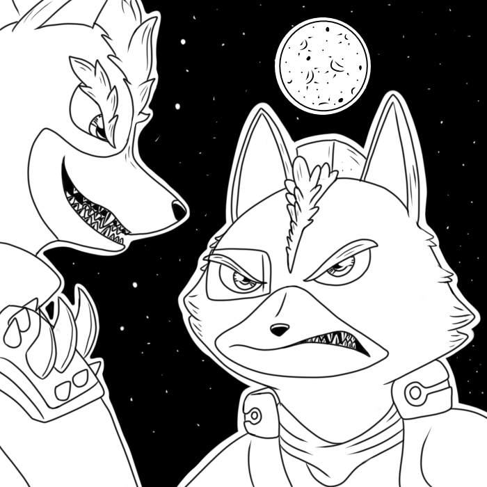 angry anthro black_and_white canid canine canis detailed_background fox fox_mccloud mammal monochrome moon nintendo seabreeze629 sharp_teeth smile star_fox teeth video_games wolf wolf_o'donnell