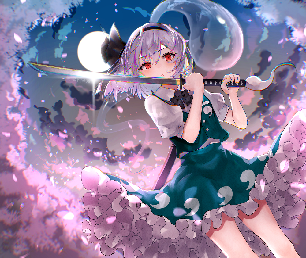 1girl :&lt; bangs black_bow black_bowtie black_hairband bob_cut bow bowtie buttons cherry_blossoms closed_mouth collared_shirt commentary_request falling_petals frilled_skirt frills full_moon green_skirt green_vest hairband hitodama_print holding holding_weapon katana konpaku_youmu konpaku_youmu_(ghost) looking_at_viewer moon night outdoors petals petticoat puffy_short_sleeves puffy_sleeves red_eyes sakizaki_saki-p shirt short_hair short_sleeves silver_hair skirt solo standing sword thighs touhou tree vest weapon white_shirt wing_collar