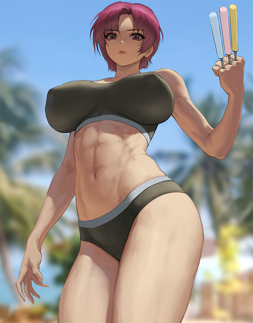 1girl abs alternate_costume bazett_fraga_mcremitz blue_sky breasts covered_nipples fate/hollow_ataraxia fate_(series) food infi large_breasts lipstick looking_at_viewer looking_down makeup mole mole_under_eye outdoors palm_tree popsicle purple_eyes purple_hair short_hair sky solo swimsuit tree