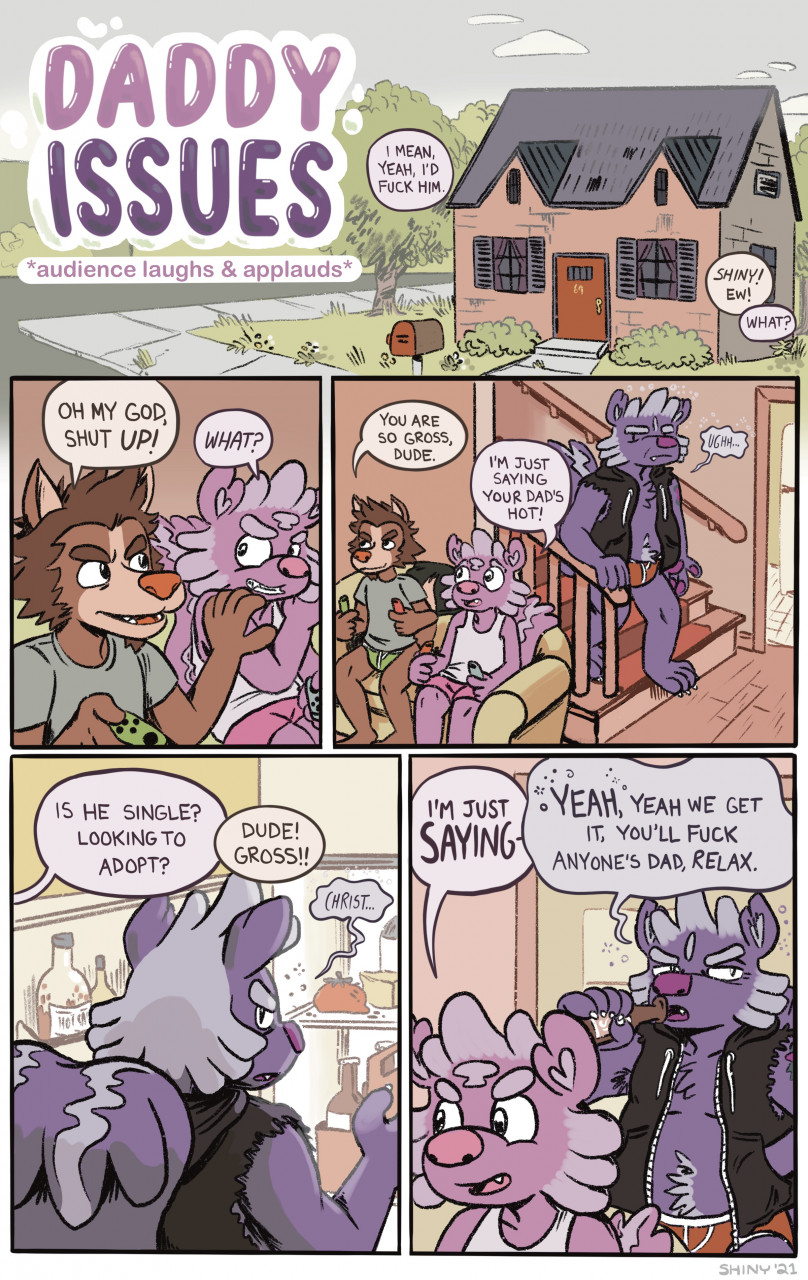 anthro appliance building canid canine clothing comic dirk_skunkdad father fridge furniture hi_res house kitchen_appliance male mammal mephitid parent shiny_skunk_(character) shinyluvdisc skunk sofa son tony_amaretto underwear