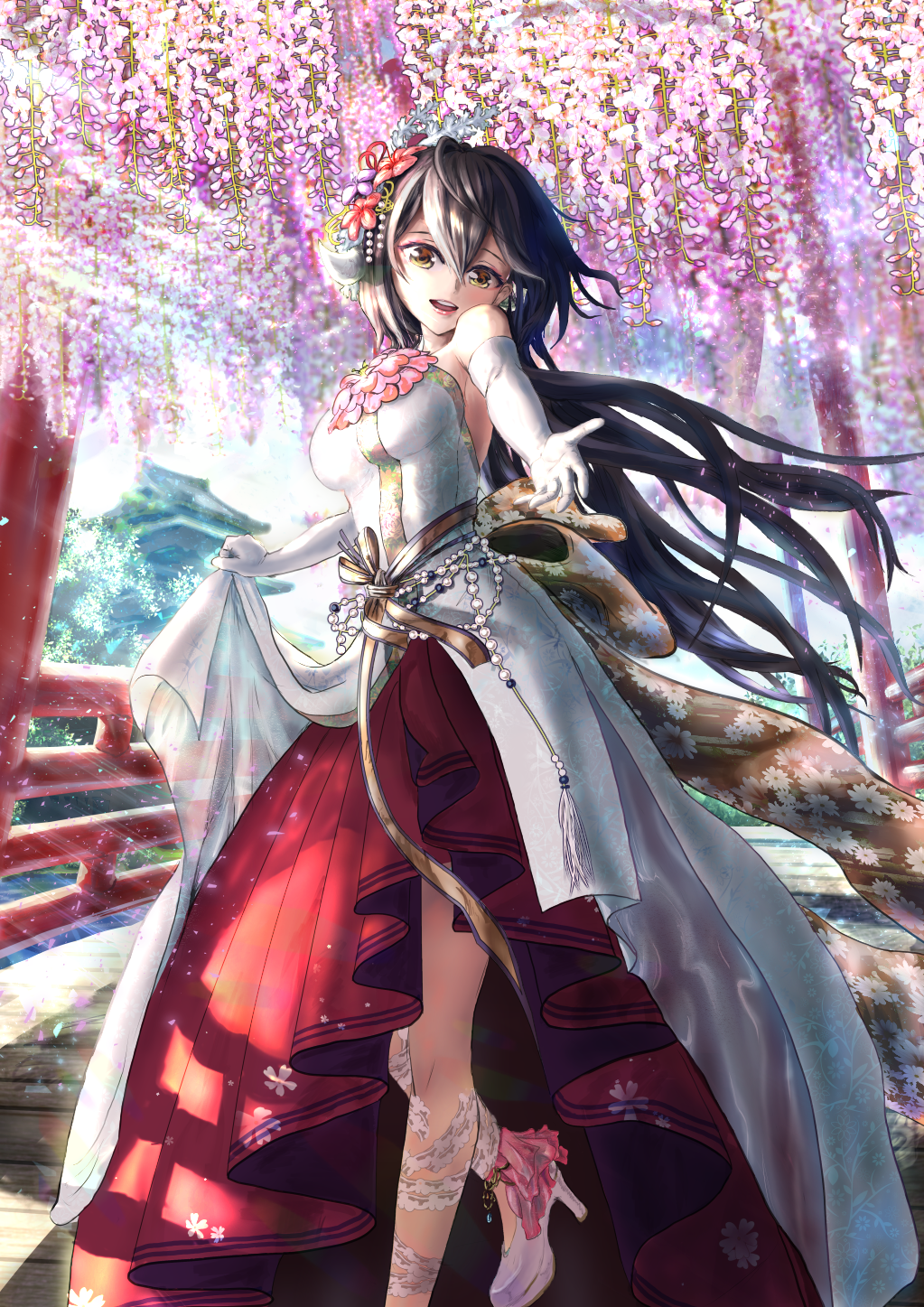 1girl azur_lane beads black_hair breasts cherry_blossoms dress gloves hair_between_eyes hair_ornament hand_up highres horns long_hair looking_at_viewer mikasa_(azur_lane) multicolored_clothes multicolored_dress numataromomon oni open_mouth red_dress ribbon smile solo temple very_long_hair wedding_dress white_dress white_footwear white_gloves white_legwear yellow_eyes