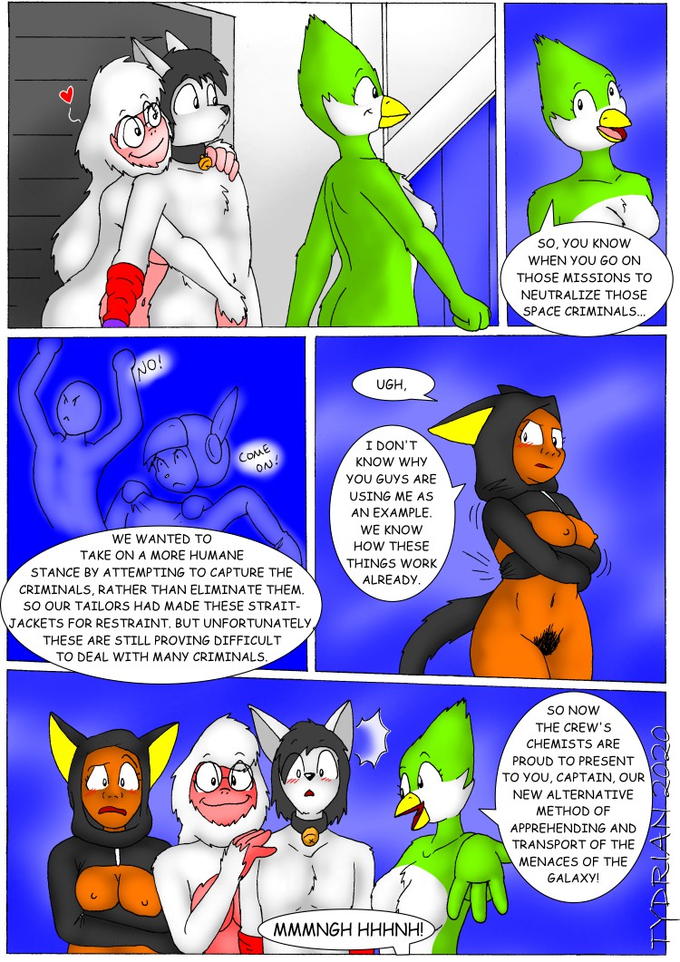 2020 4_fingers 5_fingers anthro apex_(starbound) arm_warmers armwear avian avian_(starbound) black_hair blush breasts brown_body brown_skin canid canine casual_nudity clothing collar comic comic_sans countershade_face countershade_torso countershading feathers featureless_breasts female fingers fur green_body green_feathers hair hand_on_crotch human male mammal navel nipples non-mammal_breasts nude open_mouth pink_body pink_skin primate pubes restrained smile starbound suprised_look text tydrian tydrian_(character) video_games white_body white_feathers white_fur