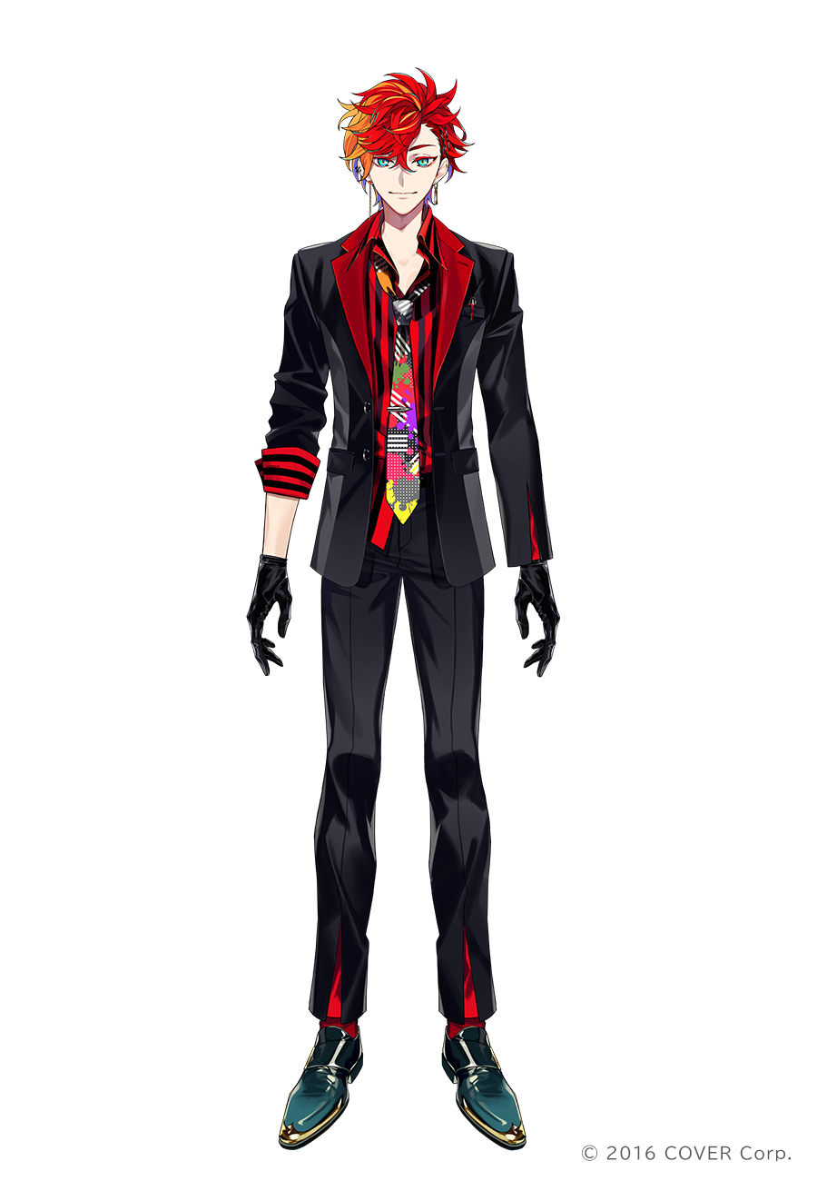 1boy black_gloves black_jacket black_pants closed_mouth earrings formal full_body gloves green_eyes highres hizaki_gamma holostars jacket jewelry light_smile looking_at_viewer male_focus multicolored_hair necktie orange_hair pants red_hair shirt shoes short_hair simple_background solo streaked_hair striped striped_shirt suit tatsuta_age virtual_youtuber white_background