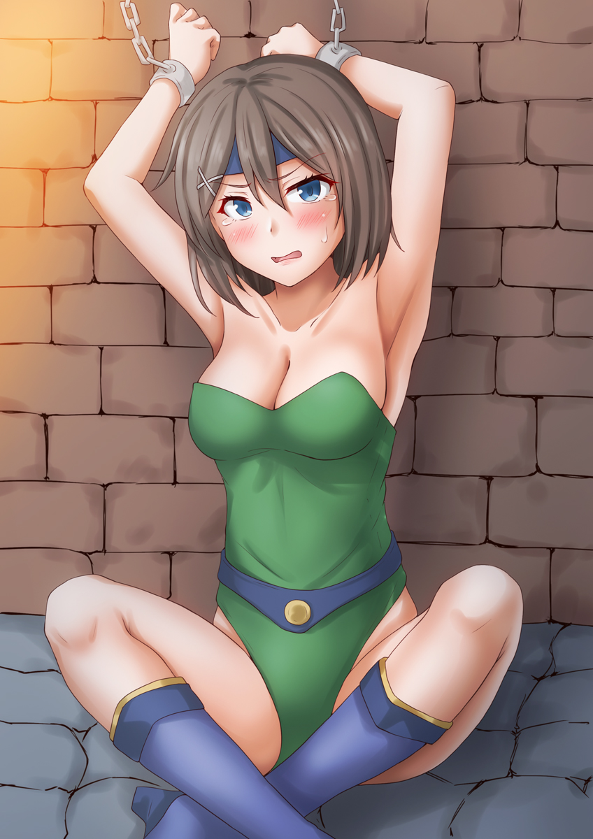 1girl alternate_costume anti_(untea9) belt blue_eyes blue_footwear bob_cut boots bound bound_arms bound_wrists breasts brown_hair celes_chere celes_chere_(cosplay) chain chain_leash collarbone commission cosplay final_fantasy final_fantasy_vi green_leotard hair_between_eyes hair_ornament hairband hairclip headband highres indian_style kantai_collection leash leotard maya_(kancolle) medium_breasts pixiv_commission prison restrained short_hair sitting solo tears x_hair_ornament