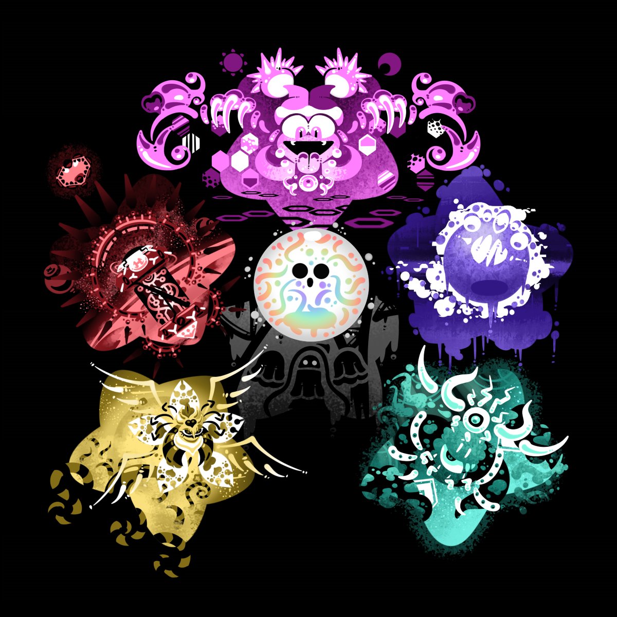 black_background commentary crazy_smile crescent drawcia drawcia_soul extra_eyes fangs hat hexagon highres hyness jester_cap kaekolormore kirby_(series) magolor magolor_soul marx_(kirby) marx_soul master_crown open_mouth queen_sectonia scales simple_background smile star_dream sun_symbol talons third_eye tongue tongue_out void_(kirby) void_termina wings