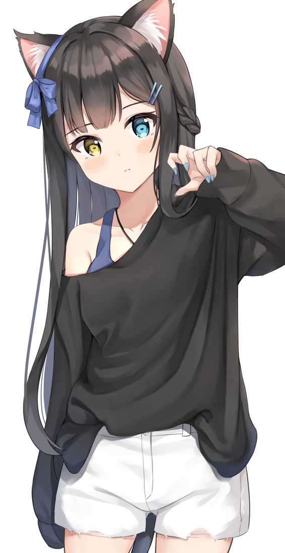 1girl animal_ear_fluff animal_ears arm_up black_hair black_shirt blue_tank_top blush cat_ears cat_girl claw_pose heterochromia keiran_(ryo170) long_hair nail_polish off_shoulder original ribbon shirt short_shorts shorts sleeves_past_wrists solo tank_top very_long_hair white_shorts