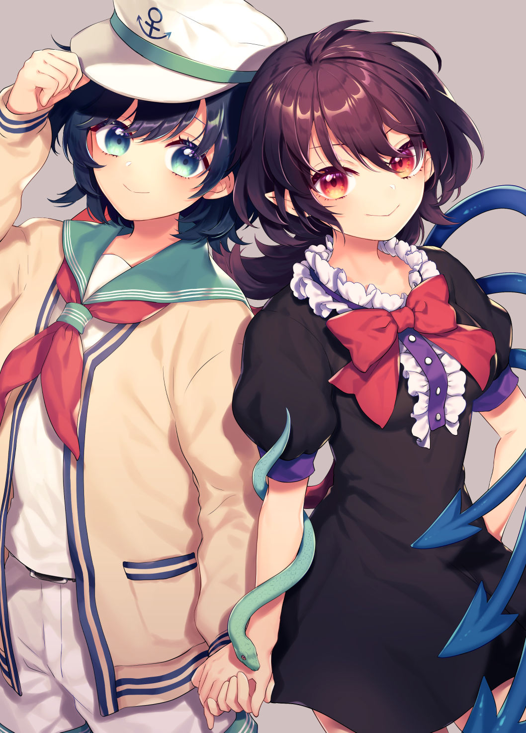 2girls anchor asymmetrical_wings bangs beige_jacket belt belt_buckle black_belt black_dress black_hair blue_wings blush breasts brown_hair buckle buttons center_frills closed_mouth commentary_request commission dress eyelashes frills green_eyes grey_background hand_on_headwear hat highres holding_hands houjuu_nue long_sleeves looking_at_viewer multiple_girls murasa_minamitsu pointy_ears puffy_short_sleeves puffy_sleeves red_eyes red_wings sailor_collar sailor_hat sailor_shirt shiny shiny_hair shirt short_shorts short_sleeves shorts simple_background skeb_commission small_breasts smile snake standing tomobe_kinuko touhou white_shorts wings