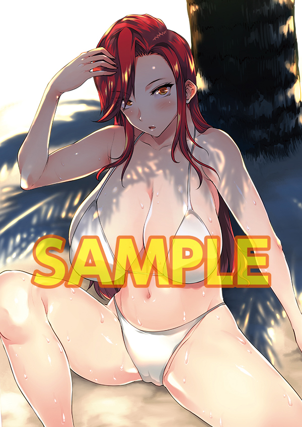 1girl bangs bare_shoulders belly bikini blush breasts cameltoe character_request cleavage collarbone copyright_request erect_sawaru eyebrows_visible_through_hair eyes_visible_through_hair huge_breasts navel open_mouth outdoors palm_tree red_hair sample_watermark sand shiny shiny_skin sidelocks sitting solo spread_legs stomach sweat swimsuit thighs toranoana tree tree_shade watermark wet white_bikini