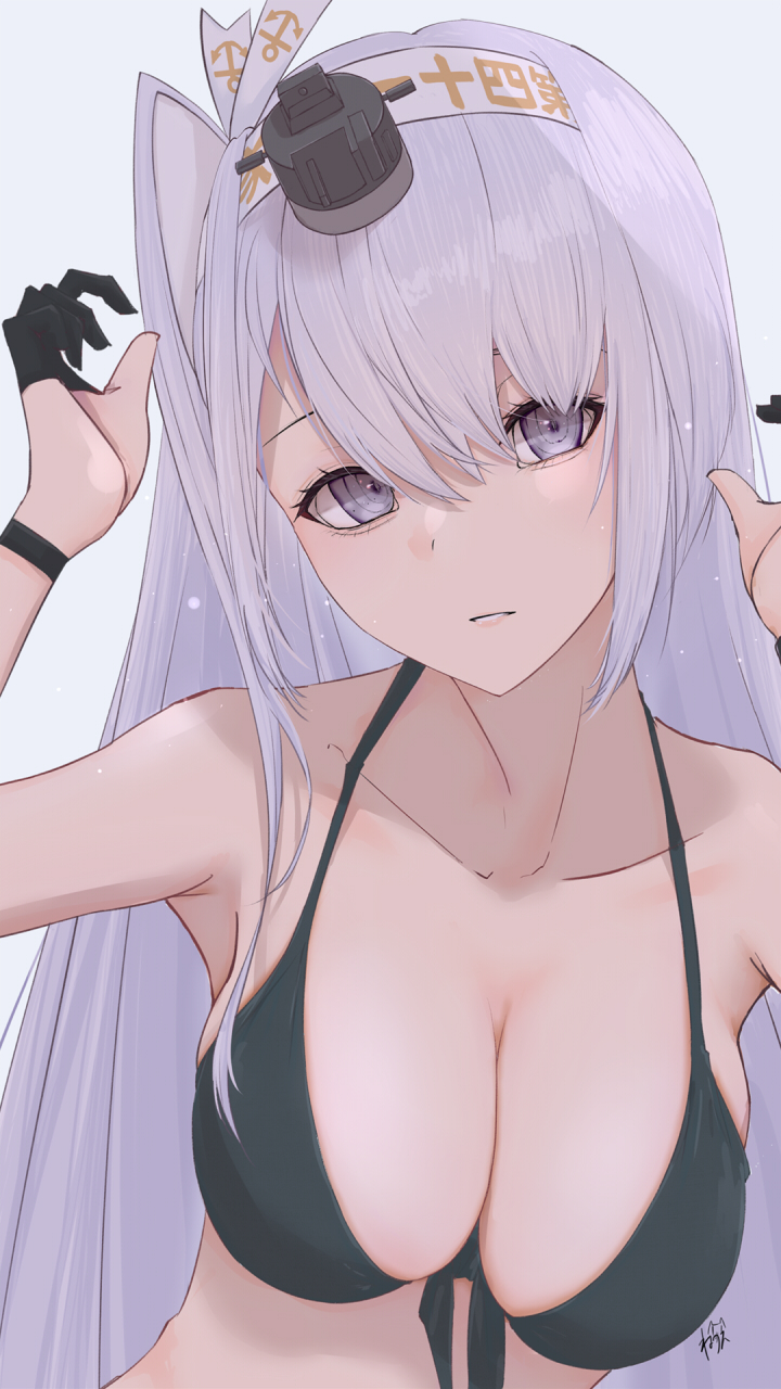 1girl bikini black_bikini black_gloves breasts clothes_writing collarbone front-tie_bikini front-tie_top fuyutsuki_(kancolle) gloves grey_eyes grey_hair hachimaki half_gloves headband highres kantai_collection large_breasts long_hair neve one_side_up solo swimsuit upper_body very_long_hair white_headband
