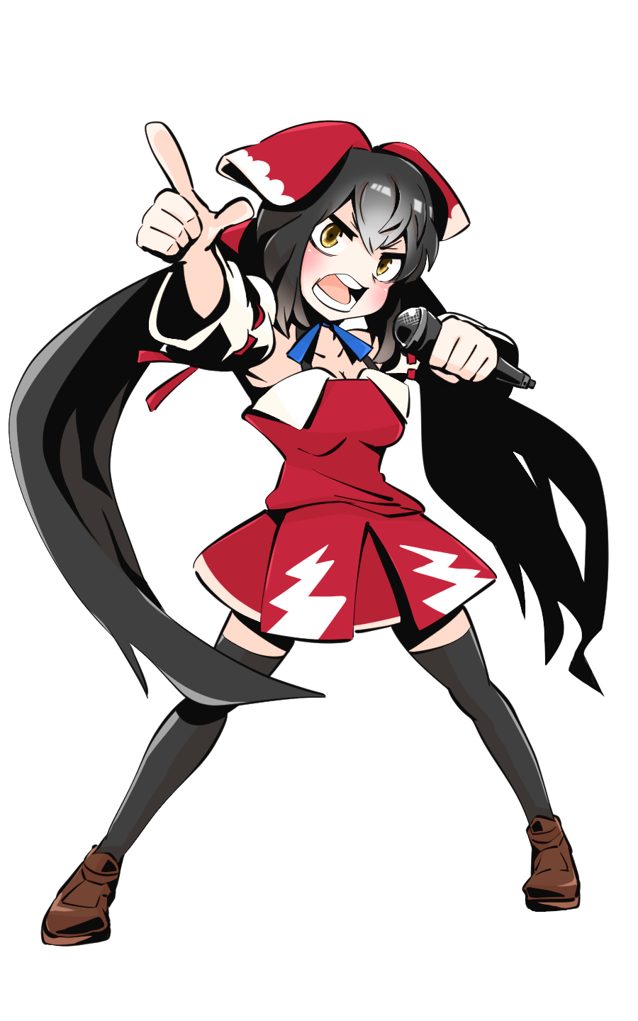 1girl bangs black_hair black_legwear blush bow breasts brown_footwear cleavage commentary_request cookie_(touhou) detached_sleeves dress full_body gram_9 hakurei_reimu highres holding holding_microphone long_hair looking_at_viewer medium_breasts microphone open_mouth pointing pointing_at_viewer red_bow red_dress ribbon-trimmed_sleeves ribbon_trim shoes short_dress simple_background solo standing teeth thighhighs touhou white_background white_sleeves yellow_eyes yuyusu_(cookie)