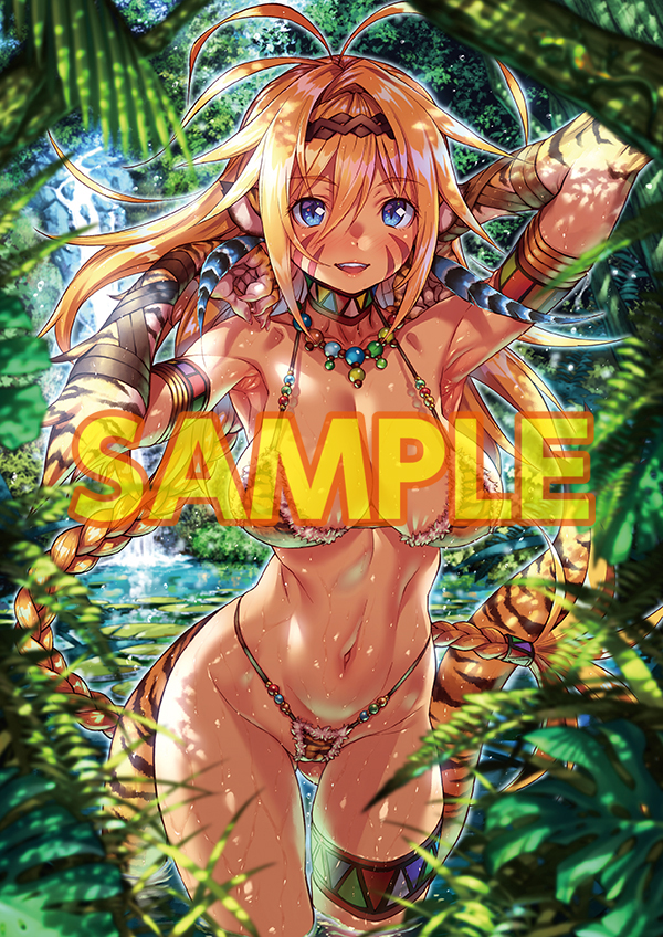1girl :d animal_ears animal_hands animal_print arm_wrap armpits arms_up bangs beach bikini blonde_hair blue_eyes blurry blurry_foreground blush body_markings branch breasts bush cameltoe character_request copyright_request cowboy_shot dappled_sunlight dark-skinned_female dark_skin day depth_of_field eyebrows_visible_through_hair facial_mark focused foliage fur-trimmed_bikini fur_trim grass groin hair_between_eyes highleg highleg_bikini jewelry jungle kink_(tortoiseshell) large_breasts linea_alba long_hair looking_at_viewer nature navel necklace open_mouth outdoors plant pond sample_watermark smile solo standing stomach sunlight swimsuit tail teeth thigh_strap thin_waist tiger_ears tiger_girl tiger_print tiger_tail toranoana tree tree_shade tribal upper_teeth very_long_hair wading water waterfall watermark wet