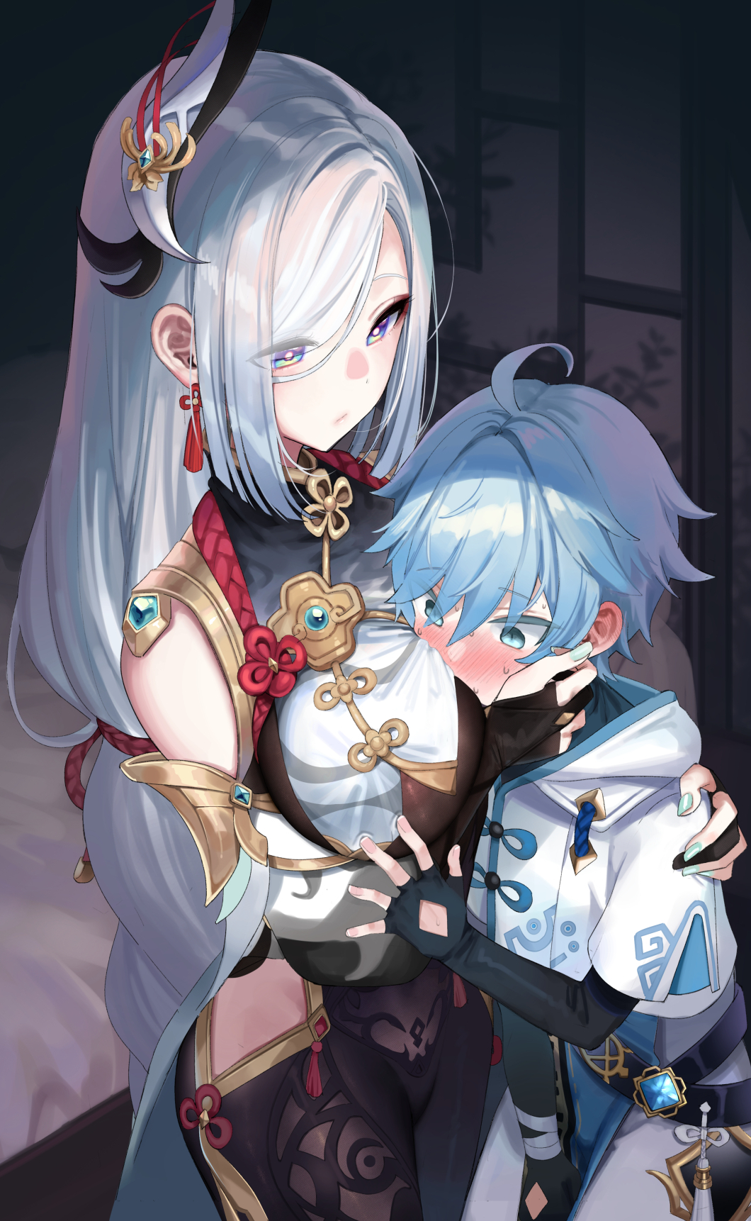 1boy 1girl age_difference aunt_and_nephew bangs blue_eyes blush breasts chinese_clothes chongyun_(genshin_impact) earrings eyebrows_visible_through_hair genshin_impact hair_between_eyes hair_ornament highres huge_breasts jewelry large_breasts light_blue_eyes light_blue_hair long_hair mirei nail_polish nipples onee-shota reward_available shenhe_(genshin_impact) short_hair sweatdrop white_hair