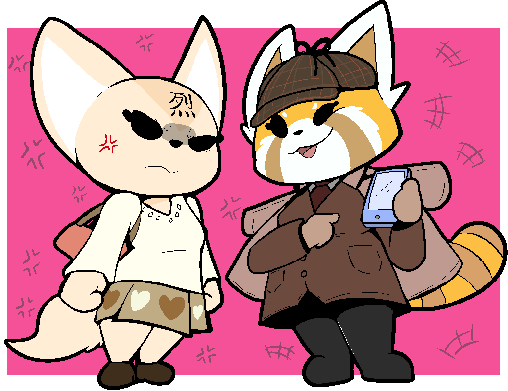 aggressive_retsuko ailurid alpha_channel alternate_costume alternate_universe angry annoyed anthro black_nose boots bottomwear breasts brown_body brown_fur canid canine cellphone clothed clothing clothing_swap coat cosplay cross-popping_vein detective detective_hat duo eyelashes female fenneko fingers fist footwear fur gesture handbag hat headgear headwear holding_cellphone holding_object holding_phone laugh legwear long_sleeves looking_at_another malachimoet mammal medium_breasts multicolored_body multicolored_fur necktie open_mouth open_smile orange_body orange_fur phone pink_background pink_tongue pointing purse red_panda retsuko sanrio sherlock_holmes shoes simple_background skirt smile tan_body tan_fur tongue topwear transparent_background white_body white_fur