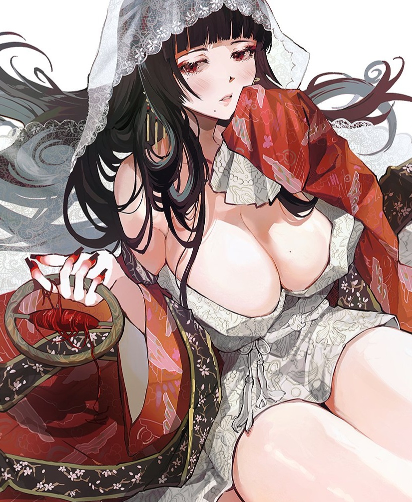 1girl black_hair blush breasts bridal_veil earrings eyeshadow female_saniwa_(touken_ranbu) gold_earrings hakama hime_cut japanese_clothes jewelry kimono large_breasts long_hair makeup miko mole mole_on_breast mole_under_eye mole_under_mouth non-web_source red_eyes red_hakama saniwa_(touken_ranbu) shiromuku smile solo thick_thighs thighs touken_ranbu veil white_kimono wide_sleeves