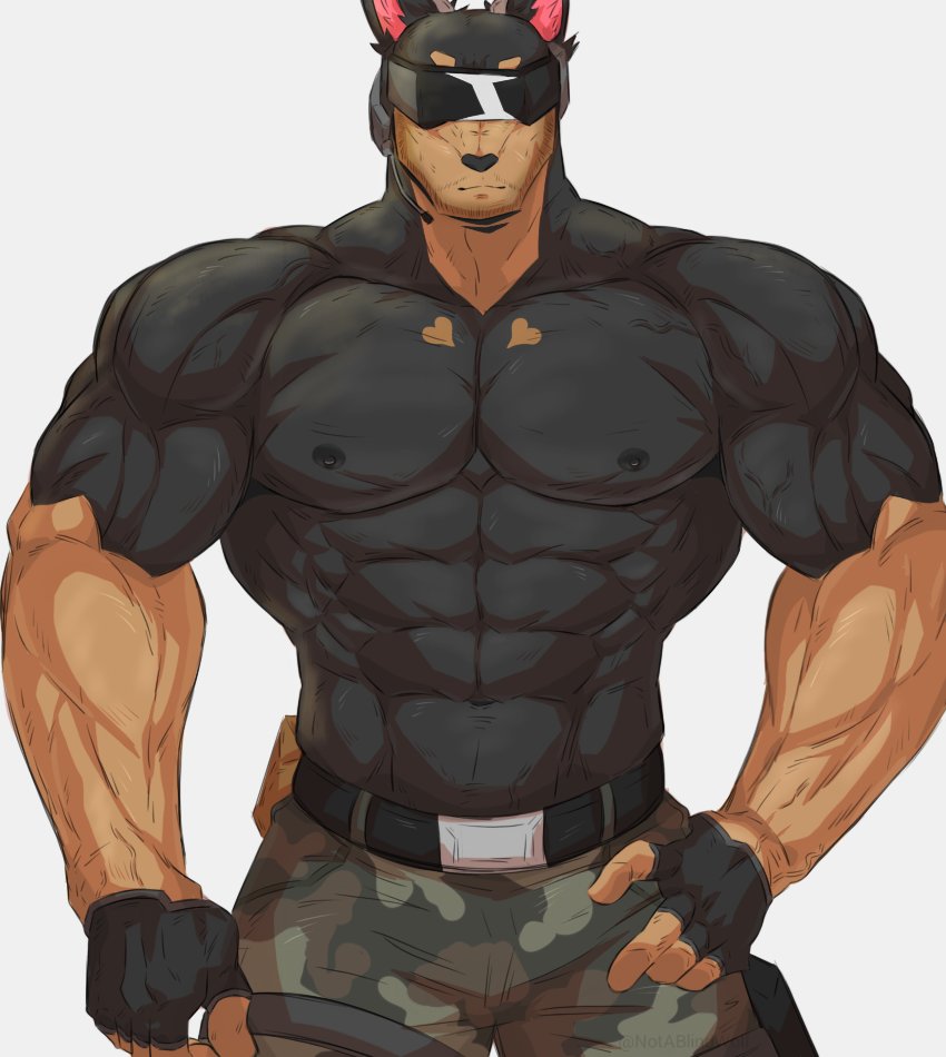 1boy abs bara belt biceps communicator doberman facial_hair furry furry_male glasses gloves hand_on_hip heart large_pectorals male_focus manly military military_uniform muscular muscular_male navel nipples notablindwolf original pectorals solo stubble thick_arms topless topless_male uniform veins veiny_arms