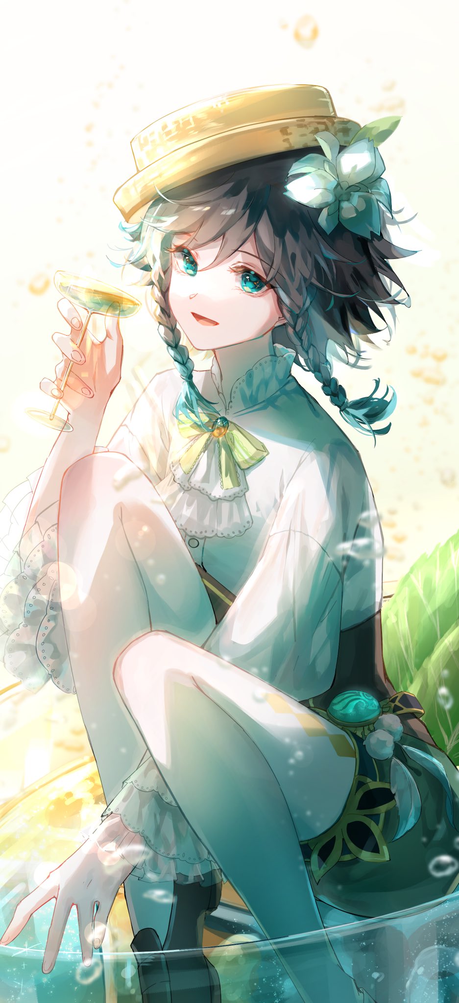1boy a_ji androgynous argyle argyle_legwear ascot bangs black_hair blue_hair bow braid brooch collared_shirt commentary corset cup e english_commentary feathers flower frilled_sleeves frills gem genshin_impact gradient_hair green_eyes green_shorts hair_flower hair_ornament hat highres holding holding_cup jewelry leaf long_sleeves male_focus multicolored_hair open_mouth pantyhose shirt shoes short_hair_with_long_locks shorts side_braids sidelocks simple_background smile solo twin_braids venti_(genshin_impact) vision_(genshin_impact) water white_background white_flower white_legwear white_shirt