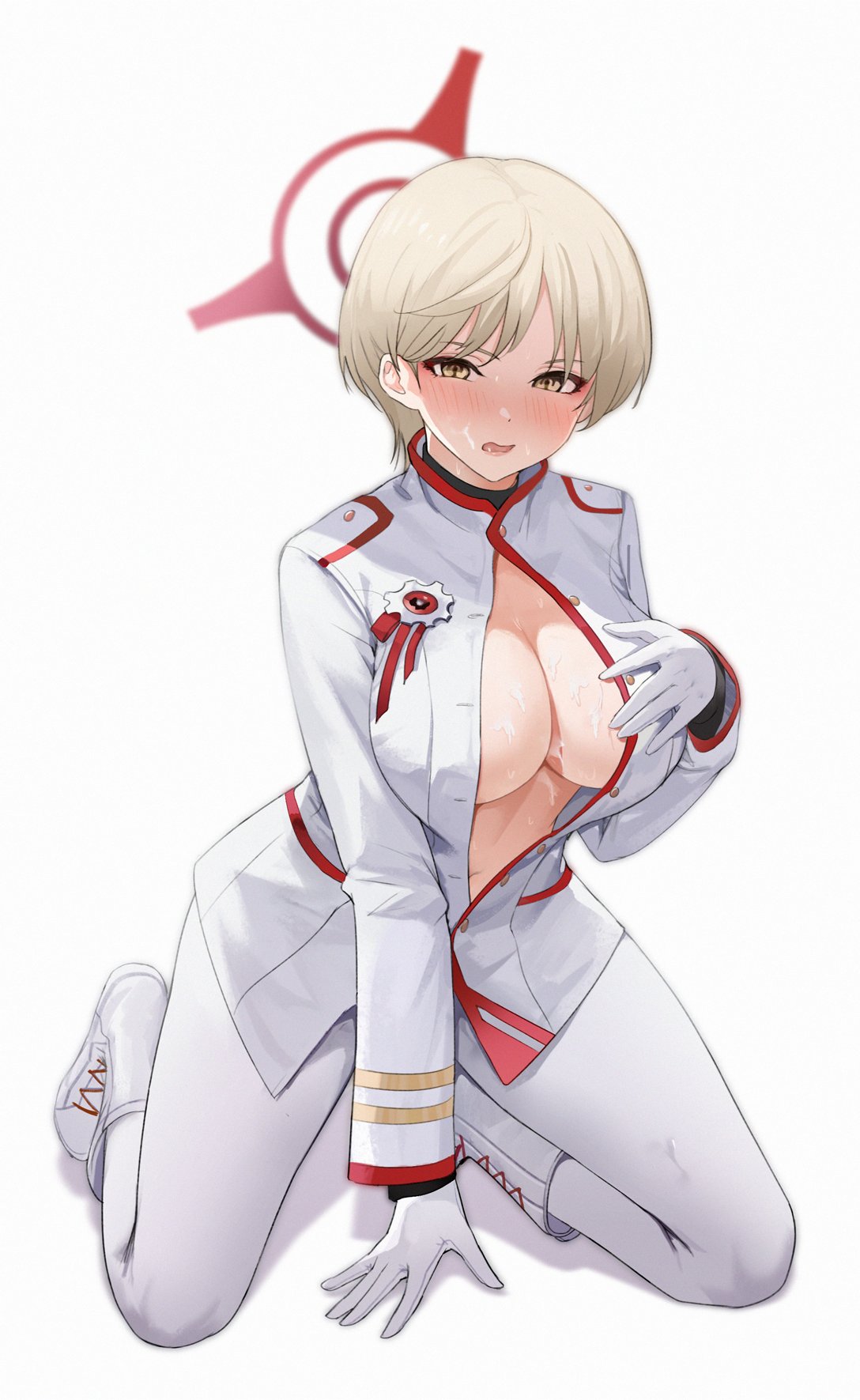 1girl blonde_hair blue_archive blush breasts chaji_h cleavage cum cum_on_body cum_on_breasts gloves halo highres jacket kneeling large_breasts marina_(blue_archive) military military_uniform no_bra pants short_hair solo unbuttoned uniform white_gloves white_jacket white_pants yellow_eyes