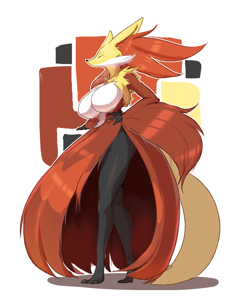 anthro anthrofied big_breasts black_body black_fur breasts delphox eyes_closed fdokkaku featureless_breasts feet female fingers full-length_portrait fur hand_on_hip hi_res multicolored_body multicolored_fur nintendo nude pok&eacute;mon pok&eacute;mon_(species) pok&eacute;morph portrait red_body red_fur solo standing toes video_games white_body white_fur yellow_body yellow_fur