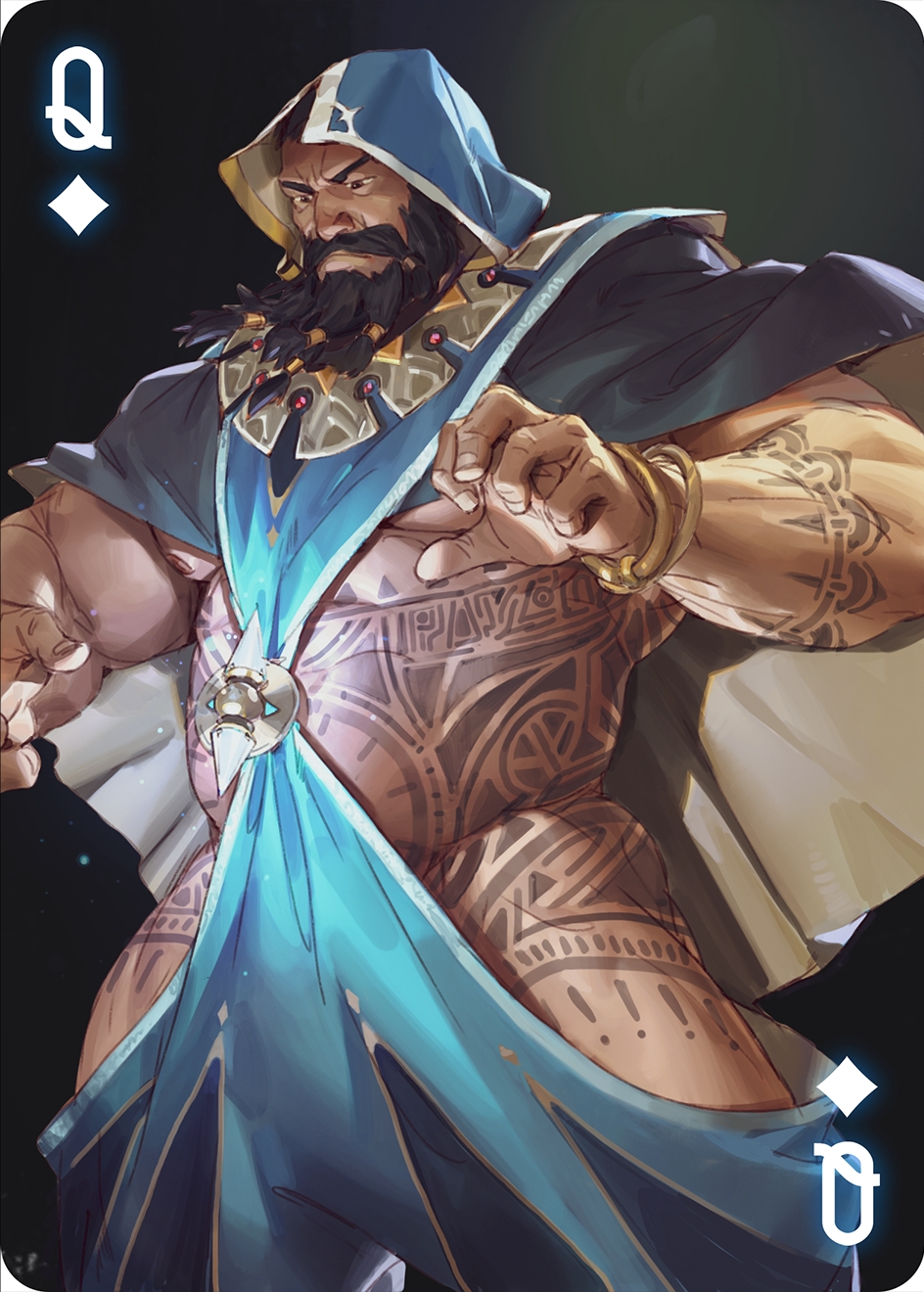 1boy arm_tattoo bara beard black_hair bracelet cape card chest_tattoo diamond_(shape) facial_hair highres jewelry male_focus manly mature_male muscular muscular_male necklace nipples no_male_underwear original pectorals plump stomach_tattoo tangbingla tattoo thick_arms thick_thighs thighs toga yaoi