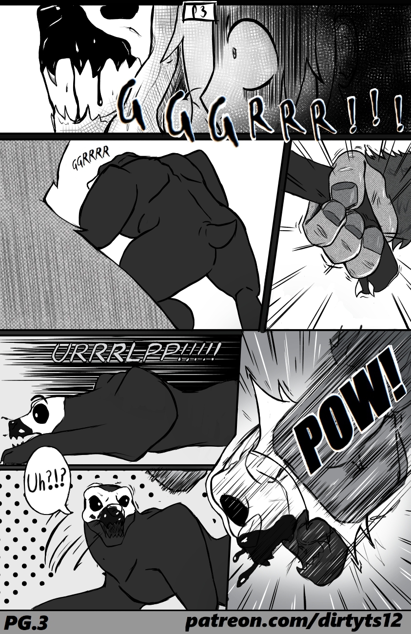 action_scene age_difference anthro attack blood blood_on_face bodily_fluids canid canine canis claws comic dirtyt's domestic_dog female feral fight fur gore group hair hairy_arms hands_on_feet hi_res holding_object horror_(theme) human humanoid hunted male male/female mammal monster open_mouth punch text unknown_species young younger_female