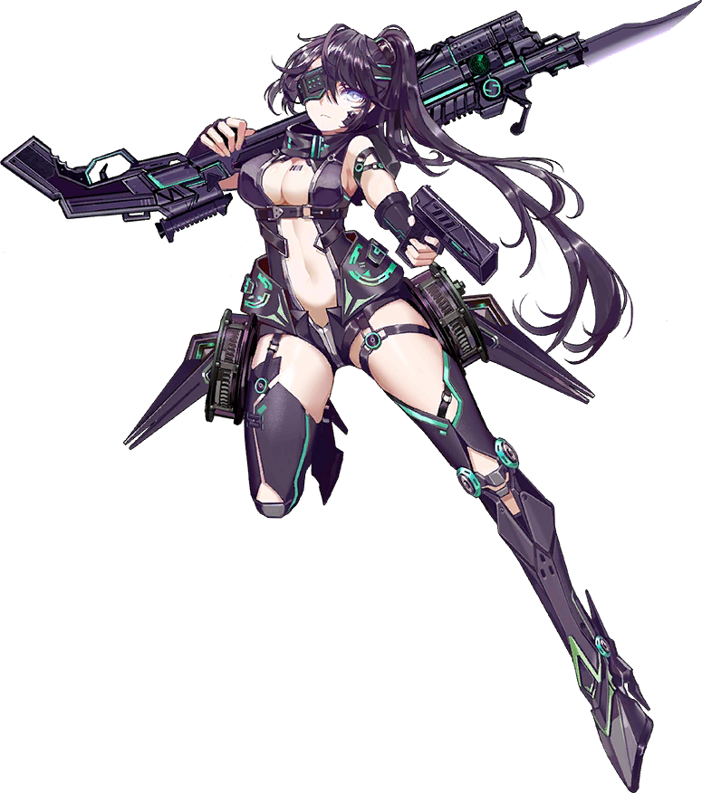 1girl armor armored_boots armpit_peek barcode barcode_tattoo bayonet black_gloves black_hair black_legwear blue_eyes boots breasts center_opening cleavage closed_mouth eyepatch fingerless_gloves full_body gloves gun handgun headgear holding holding_gun holding_weapon iron_saga leotard long_hair looking_at_viewer medium_breasts midriff navel official_art over_shoulder pistol ponytail rifle serenity_(iron_saga) sideboob solo tattoo thighhighs transparent_background weapon weapon_over_shoulder zjsstc