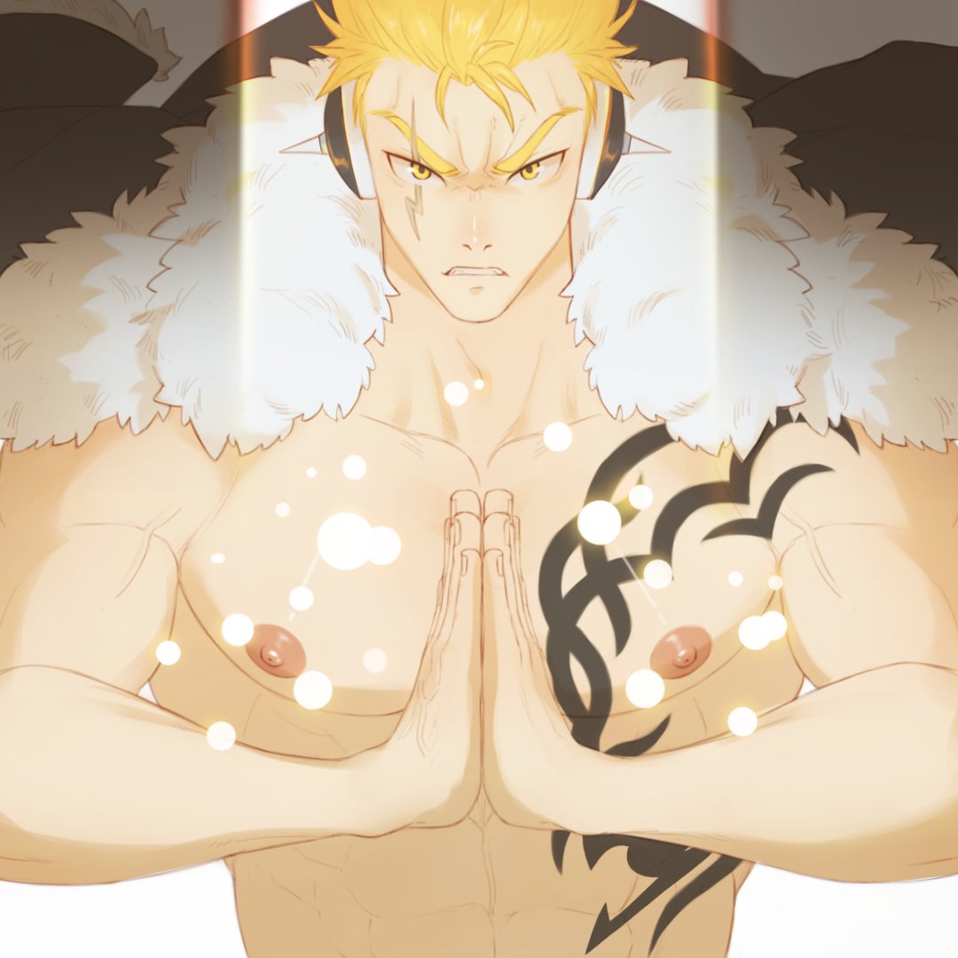 1boy bara blonde_hair chest_tattoo facial_mark fairy_tail frown headphones jacket jacket_on_shoulders large_pectorals laxus_dreyar light_particles looking_at_viewer male_focus muscular muscular_male nipples palms_together pectorals punim410 short_hair solo tattoo thick_eyebrows topless_male upper_body
