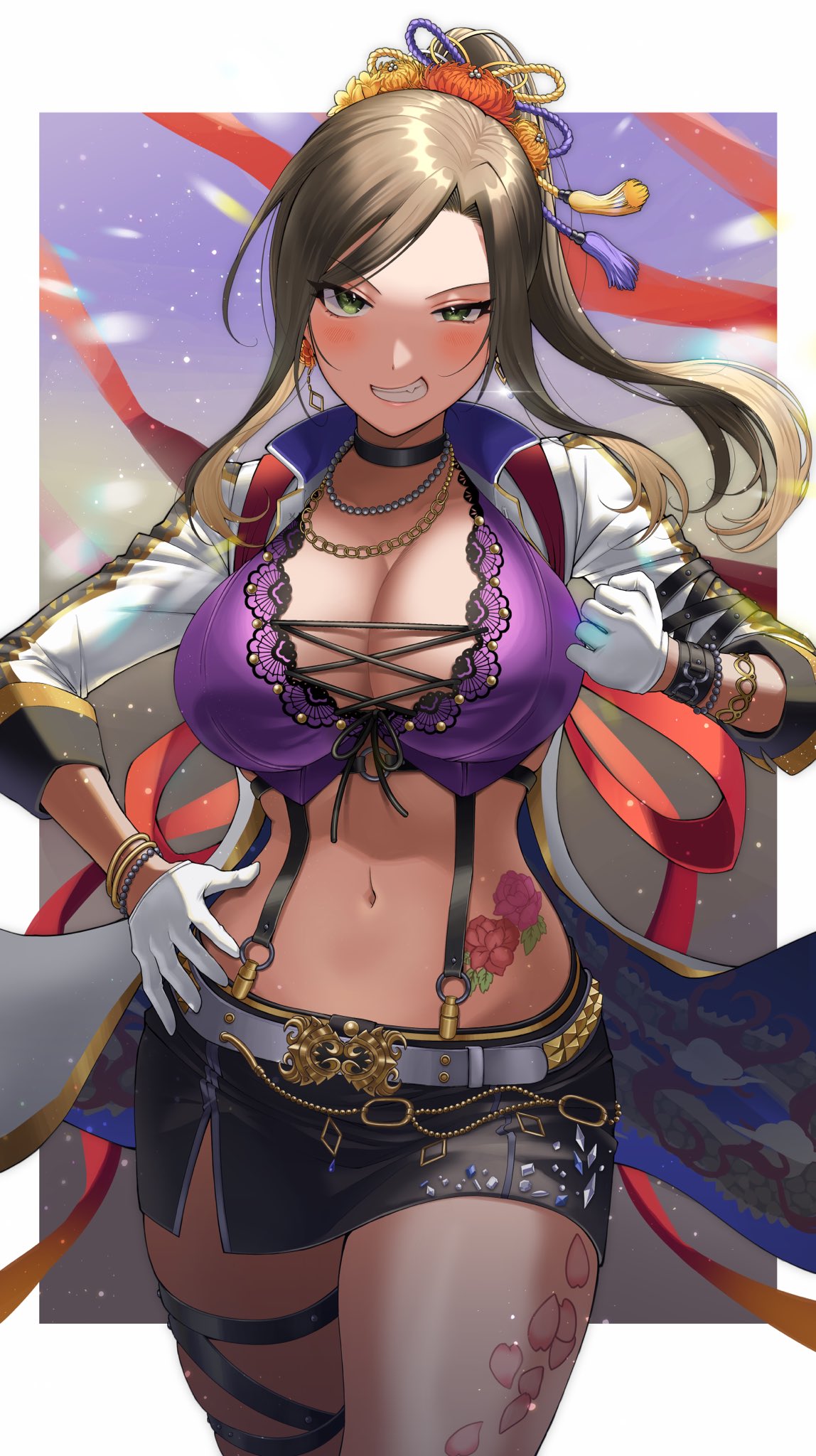 1girl belt black_choker blush border bracelet breasts brown_hair choker cleavage clenched_hand cowboy_shot crop_top cropped_jacket curvy earrings gloves grin hair_ornament high_collar high_ponytail highres idol idolmaster idolmaster_cinderella_girls jacket jewelry large_breasts leg_tattoo long_hair looking_at_viewer miniskirt mukai_takumi navel necklace open_clothes open_jacket ro_torobo sidelocks skirt smile solo stomach_tattoo suspender_skirt suspenders tattoo thigh_strap thighs unfinished white_belt white_border white_gloves white_jacket yellow_eyes