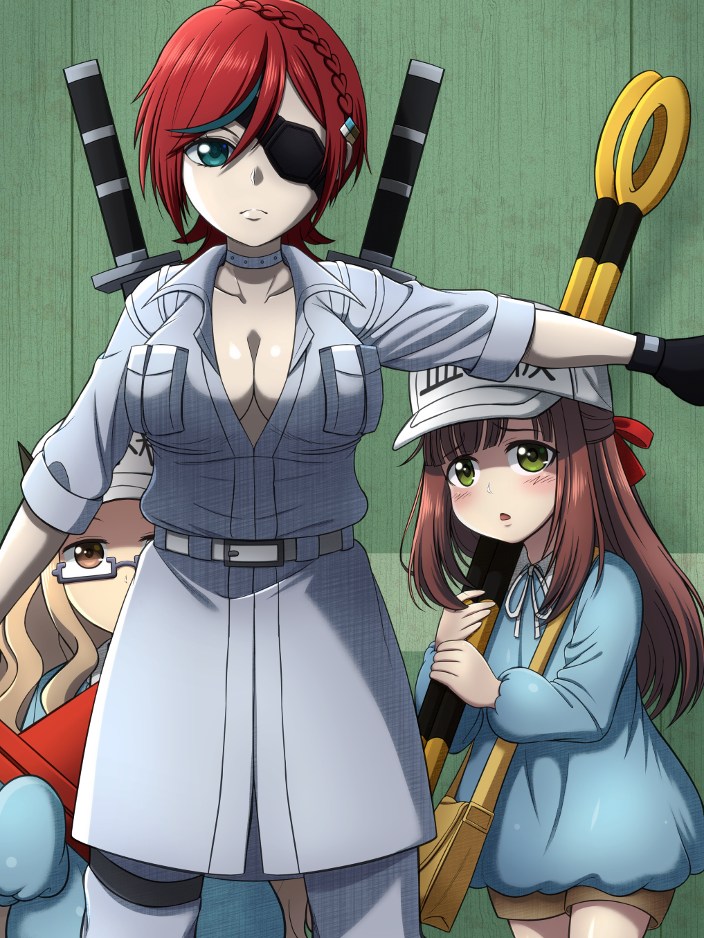 3girls bangs blunt_bangs braid breasts brown_hair cleavage commentary_request cosplay eyepatch frown glasses green_eyes green_hair hair_ribbon hataraku_saibou hataraku_saibou_black highres homura_suzuko itou_shizuka jougenmushi kubo_yurika light_brown_hair lirshana lostorage_wixoss medium_breasts mikage_hanna multicolored_hair multiple_girls platelet_(hataraku_saibou) platelet_(hataraku_saibou)_(cosplay) red_hair ribbon ril_(wixoss) scared serious streaked_hair sword sword_behind_back traffic_cone two_side_up voice_actor_connection weapon white_blood_cell_(hataraku_saibou) white_blood_cell_(hataraku_saibou)_(cosplay) white_blood_cell_leader_(hataraku_saibou) wixoss