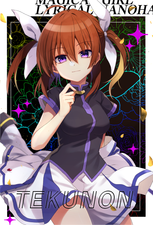 1girl background_text bangs black_blouse blouse brown_hair closed_mouth clothes_lift commentary_request cowboy_shot eyebrows_visible_through_hair hair_ribbon high_collar looking_at_viewer lyrical_nanoha magical_girl mahou_shoujo_lyrical_nanoha mahou_shoujo_lyrical_nanoha_a's medium_hair medium_skirt protected_link purple_eyes ribbon short_sleeves skirt skirt_lift smile solo standing takamachi_nanoha twintails white_ribbon white_skirt wind wind_lift yuukome_(tekunon)