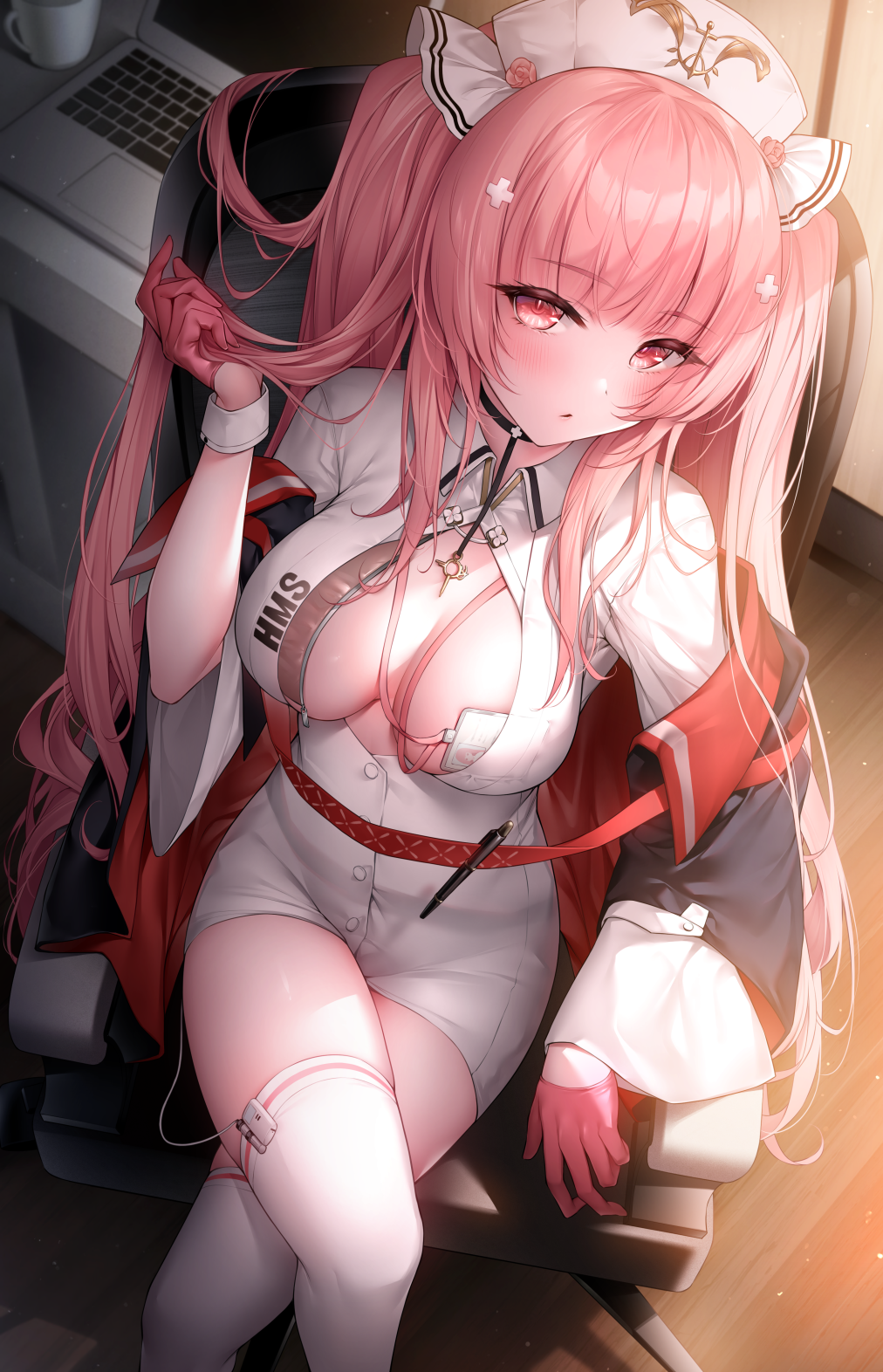1girl azur_lane bangs black_jacket blush breasts chair cleavage closed_mouth computer crossed_legs cup desk dress eyebrows_visible_through_hair feet_out_of_frame from_above gloves hand_in_hair hat highres id_card indoors jacket lanyard laptop large_breasts long_hair long_sleeves looking_at_viewer looking_up no_bra nurse nurse_cap off_shoulder official_alternate_costume on_chair open_clothes open_jacket oyuwari pen perseus_(azur_lane) perseus_(unfamiliar_duties)_(azur_lane) pink_gloves pink_hair red_eyes short_dress short_sleeves sitting skindentation solo thighhighs unbuttoned very_long_hair white_dress white_legwear wooden_floor wrist_cuffs