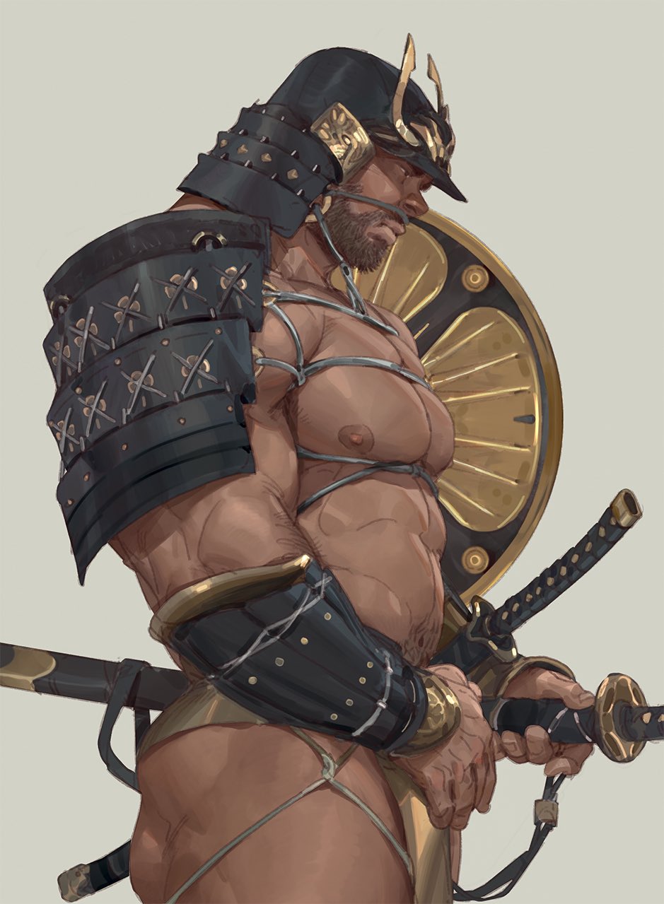 1boy abs arm_hair armor bara beard biceps body_hair brown_hair chest_hair facial_hair gauntlets hairy helmet highres japanese_armor japanese_clothes katana large_pectorals loincloth male_focus male_underwear manly mature_male muscular muscular_male navel navel_hair nipples original pectorals shoulder_armor sword tangbingla thick_thighs thighs topless topless_male underwear weapon