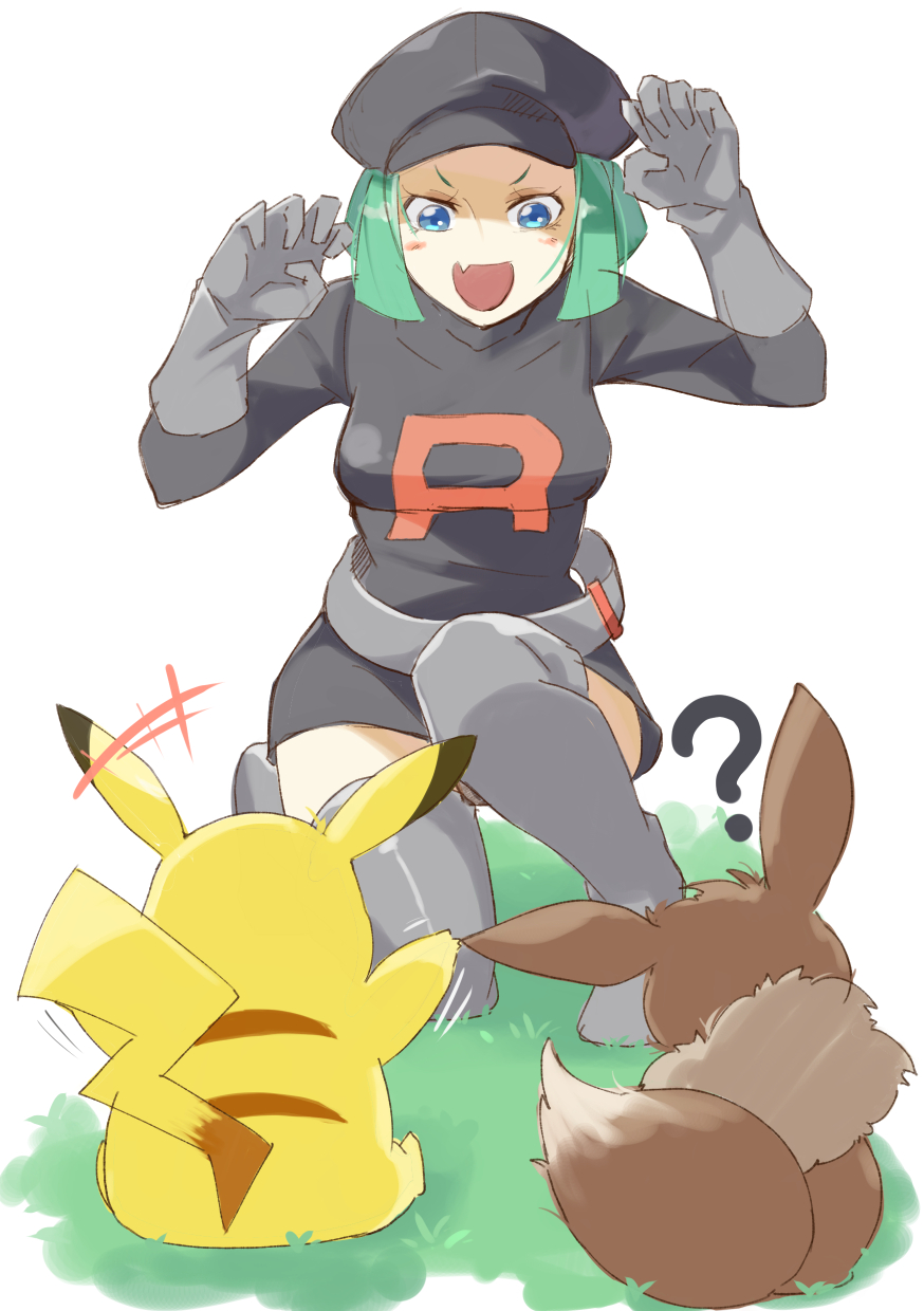 1girl belt black_headwear breasts gloves hat highres open_mouth pokemon pokemon_(creature) pokemon_(game) pokemon_rgby short_hair skirt team_rocket team_rocket_grunt team_rocket_uniform thighhighs