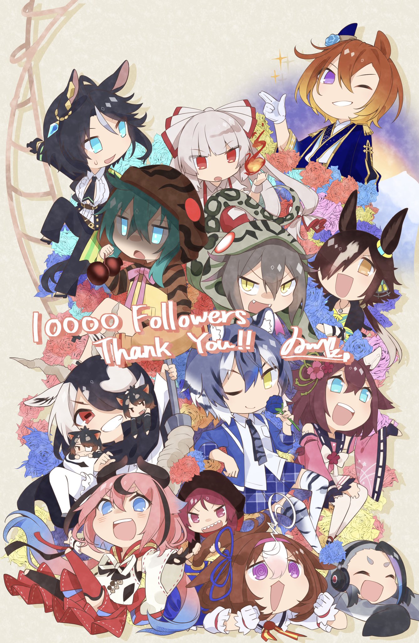 6+girls ;) @_@ ^_^ animal_ears australian_devil_(kemono_friends) bangs black_hair blackbuck_(kemono_friends) blonde_hair blue_eyes blue_flower blue_hair blue_rose blunt_bangs bow brown_hair character_request chibi closed_eyes crossover eyepatch fangs fire flower fuji_kiseki_(umamusume) fujiwara_no_mokou full_body giant_penguin_(kemono_friends) gloves gourd green_hair grey_hair grin hair_between_eyes hair_bow hair_over_one_eye headphones height_difference highres holding holding_weapon hood hood_up horizontal_pupils horns horse_ears isobee jacket japanese_clothes kemono_friends kimono long_hair long_sleeves looking_at_another looking_at_viewer lying maltese_tiger_(kemono_friends) medical_eyepatch medium_hair meika_hime milestone_celebration minigirl multicolored_hair multiple_crossover multiple_girls necktie nontraditional_miko okinawa_habu_(kemono_friends) on_stomach one_eye_closed open_mouth pink_hair purple_eyes red_eyes red_hair rose shaded_face shirt sitting size_difference skirt slit_pupils smile snake_tail streaked_hair suspenders tail tasmanian_devil_(kemono_friends) tasmanian_devil_ears thank_you thighhighs tiger_ears touhou tsuchinoko_(kemono_friends) two-tone_hair umamusume v-shaped_eyebrows very_long_hair vocaloid weapon wide_sleeves yellow_eyes zettai_ryouiki
