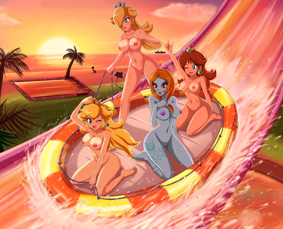 4girls aqua_eyes blonde_hair blue_eyes blue_skin blush brown_hair crown earrings hair_over_one_eye happy kneeling long_hair midna navel nintendo nude princess_daisy princess_peach princess_rosalina raft red_eyes red_hair sigurdhosenfeld slide sunset tattoo twili_midna uncensored water wink zenra