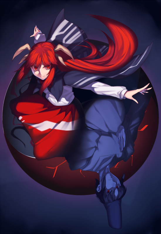 1boy 1girl bow cape cloak closed_mouth commentary_request hat horns kaiza_(rider000) long_hair long_sleeves multiple_persona outstretched_arms red_bow red_eyes red_hair red_skirt serious shingyoku_(female) shingyoku_(male) shingyoku_(touhou) sidelocks skirt tate_eboshi touhou touhou_(pc-98)